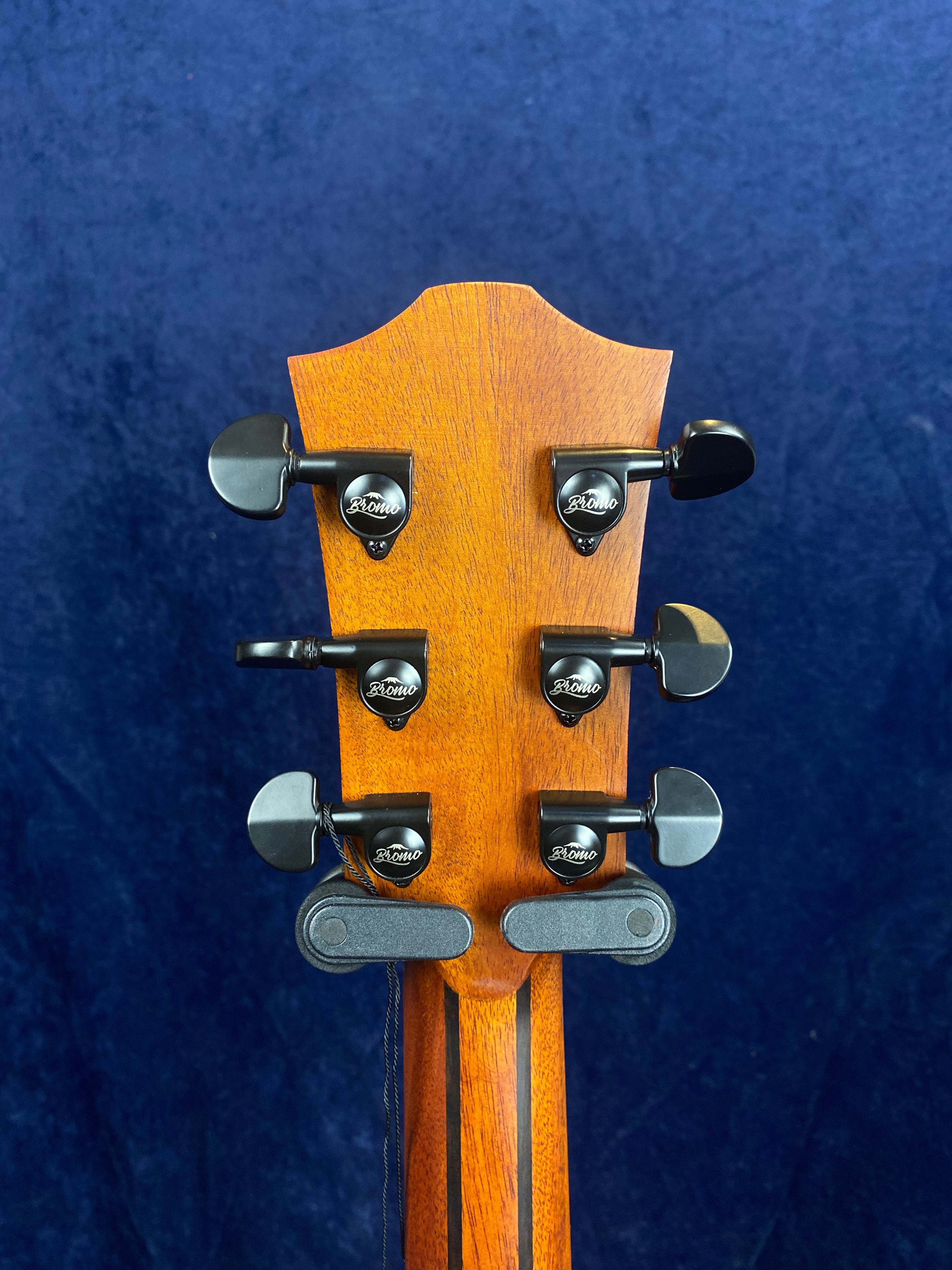 Back of an acoustic guitar headstock showing six black tuning pegs on a wooden neck, with a dark blue background.