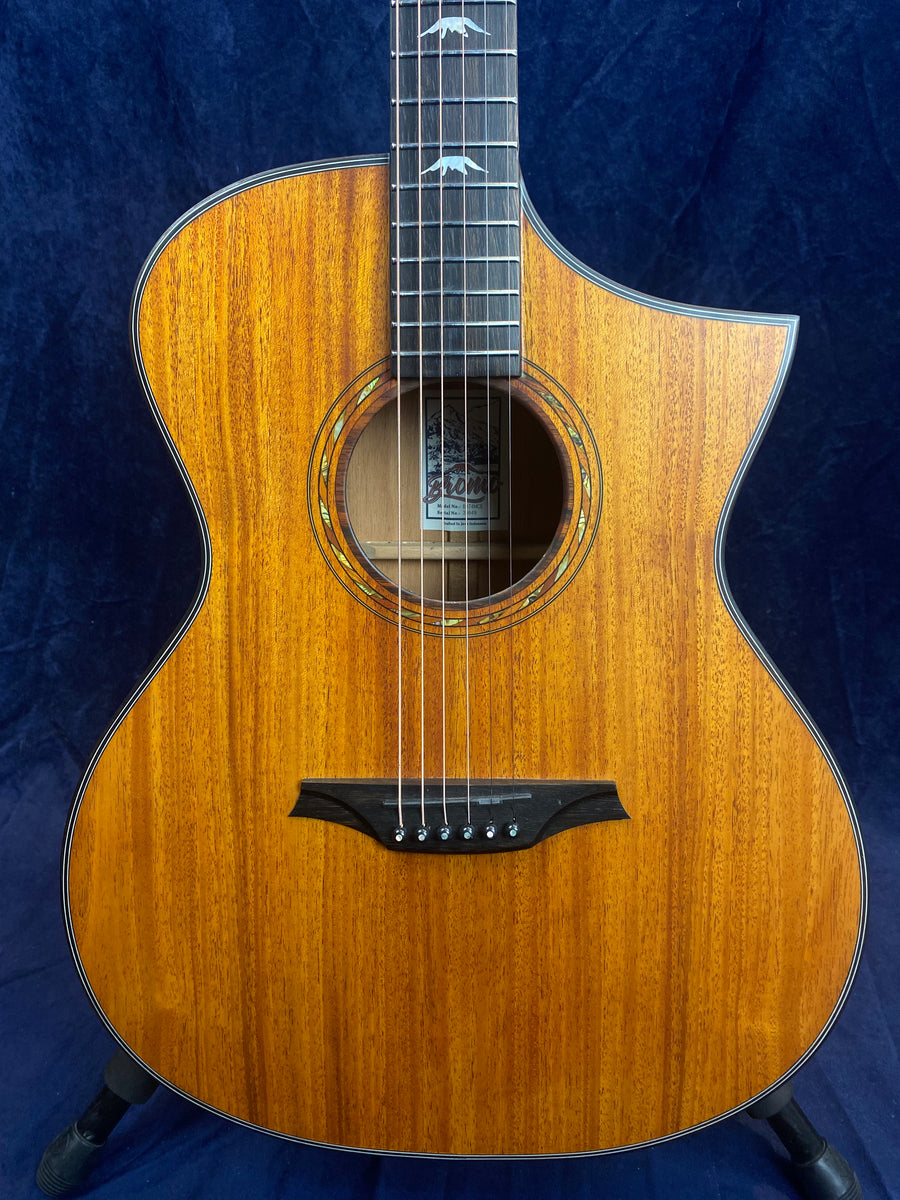 Cutaway acoustic guitar with a glossy wood grain finish, abalone rosette, black bridge, and bird-shaped inlays on the fretboard.