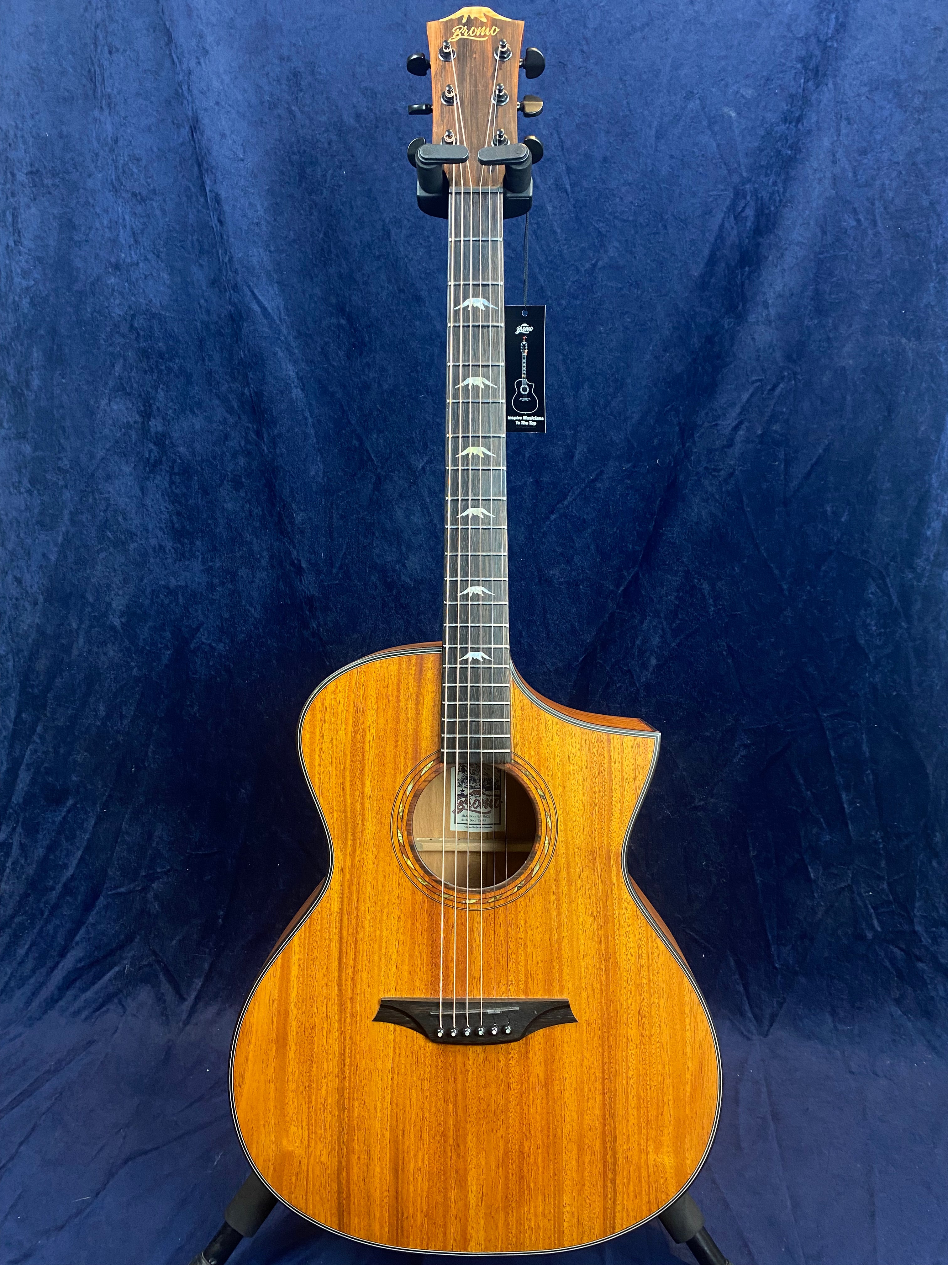 Glossy wooden acoustic guitar with a cutaway body, decorative fretboard inlays, six strings, and a dark bridge, displayed against a dark blue background.