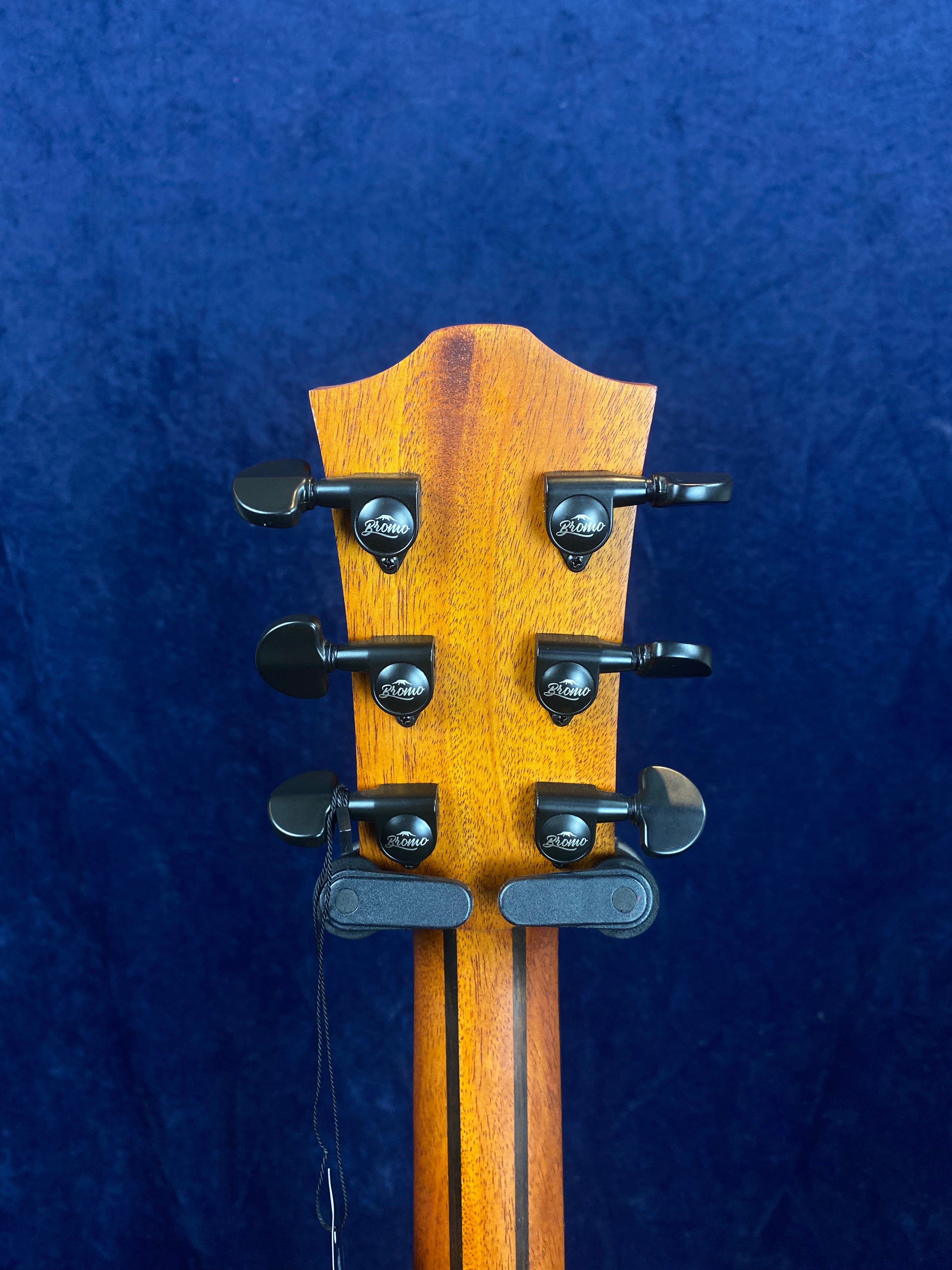 Back view of an acoustic guitar headstock with six black tuning pegs, set against a dark blue background.
