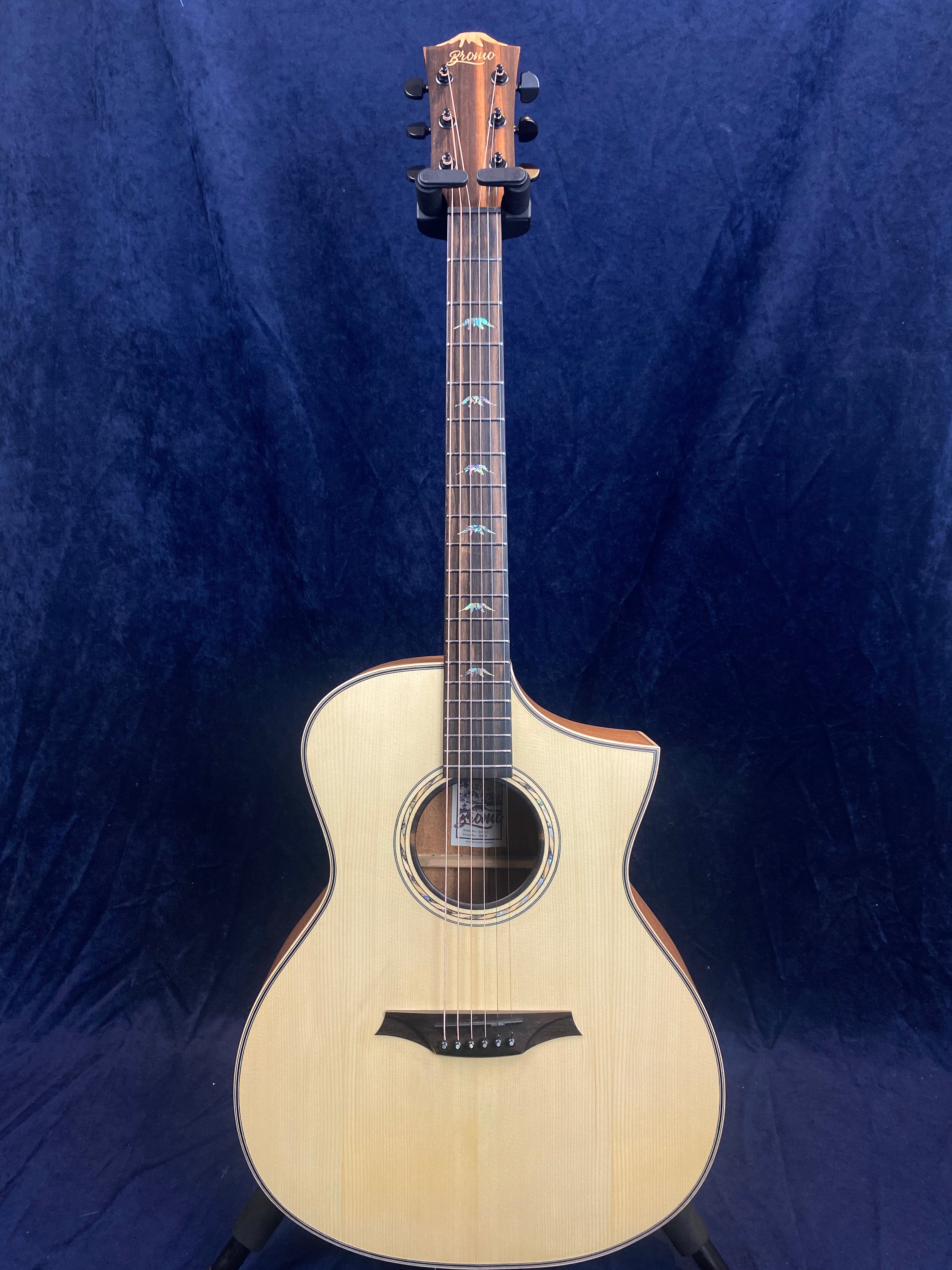 Guitare acoustique à table claire, pan coupé à droite, rosace décorative et repères colorés en forme d’oiseaux sur la touche en bois foncé.