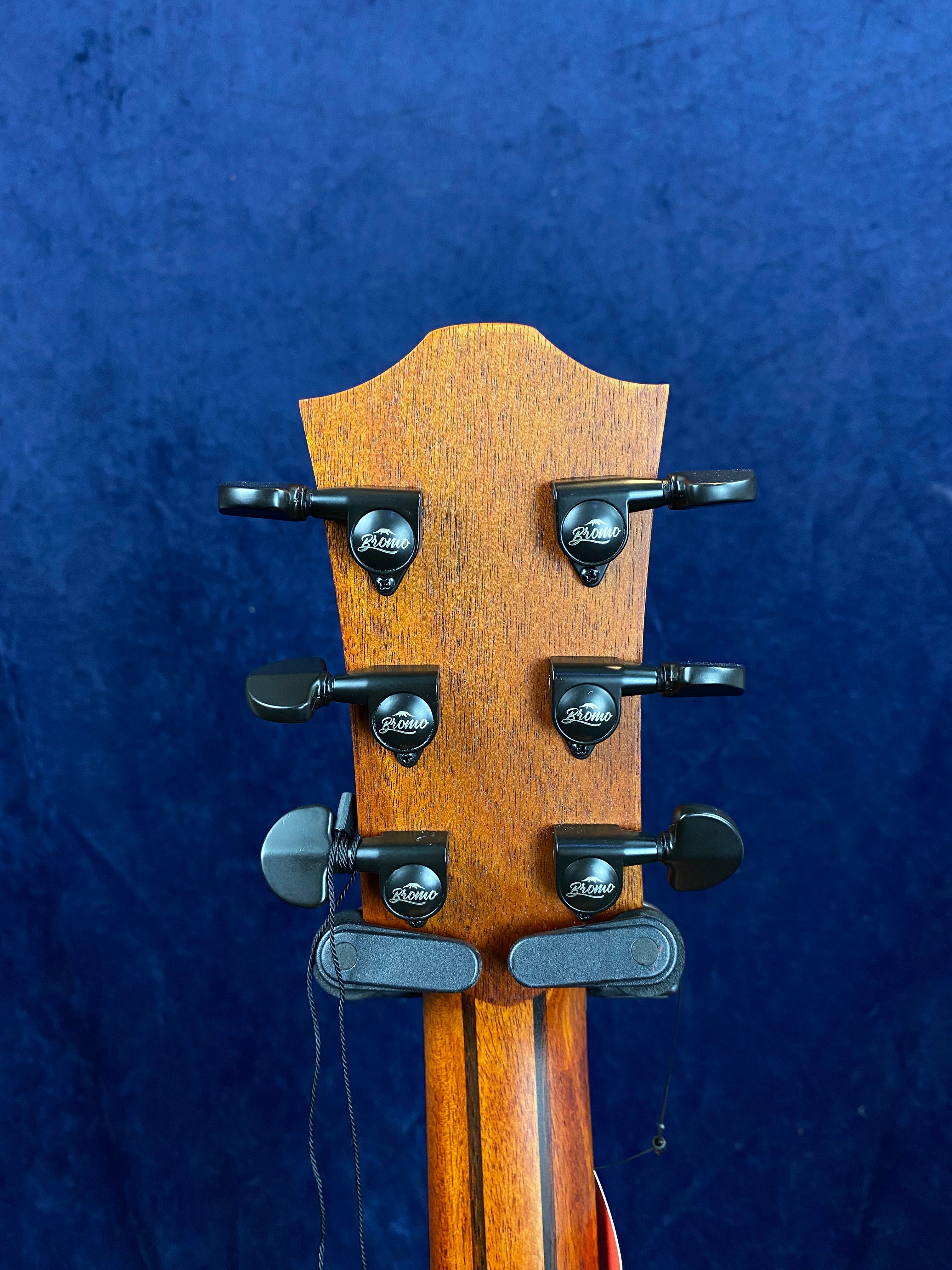 Six black tuning pegs on the back of a wooden acoustic guitar headstock, with “Blomo” branding, set against a dark blue background.