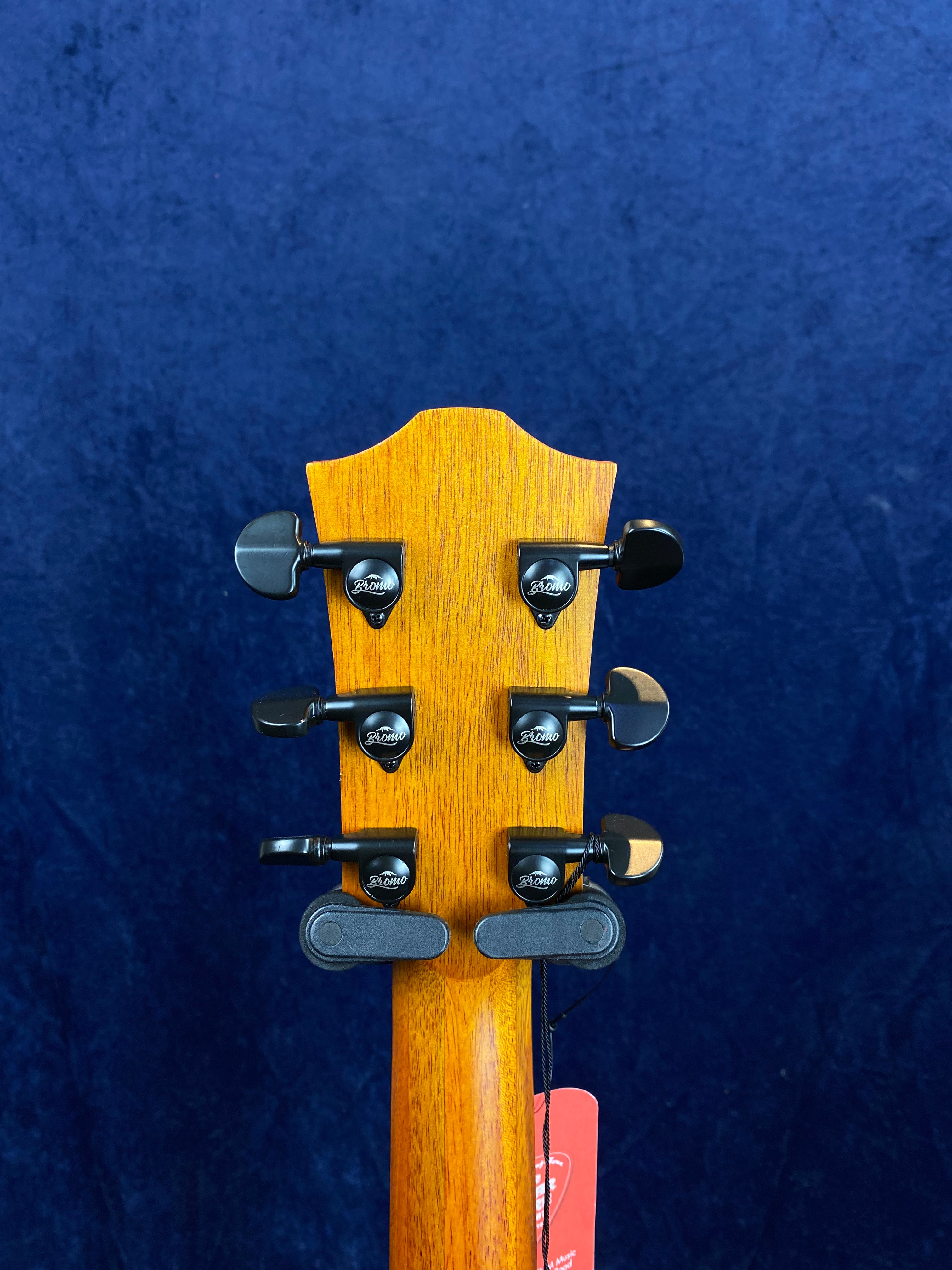 Six black tuning pegs are mounted on the back of a wooden acoustic guitar headstock, set against a dark blue background.