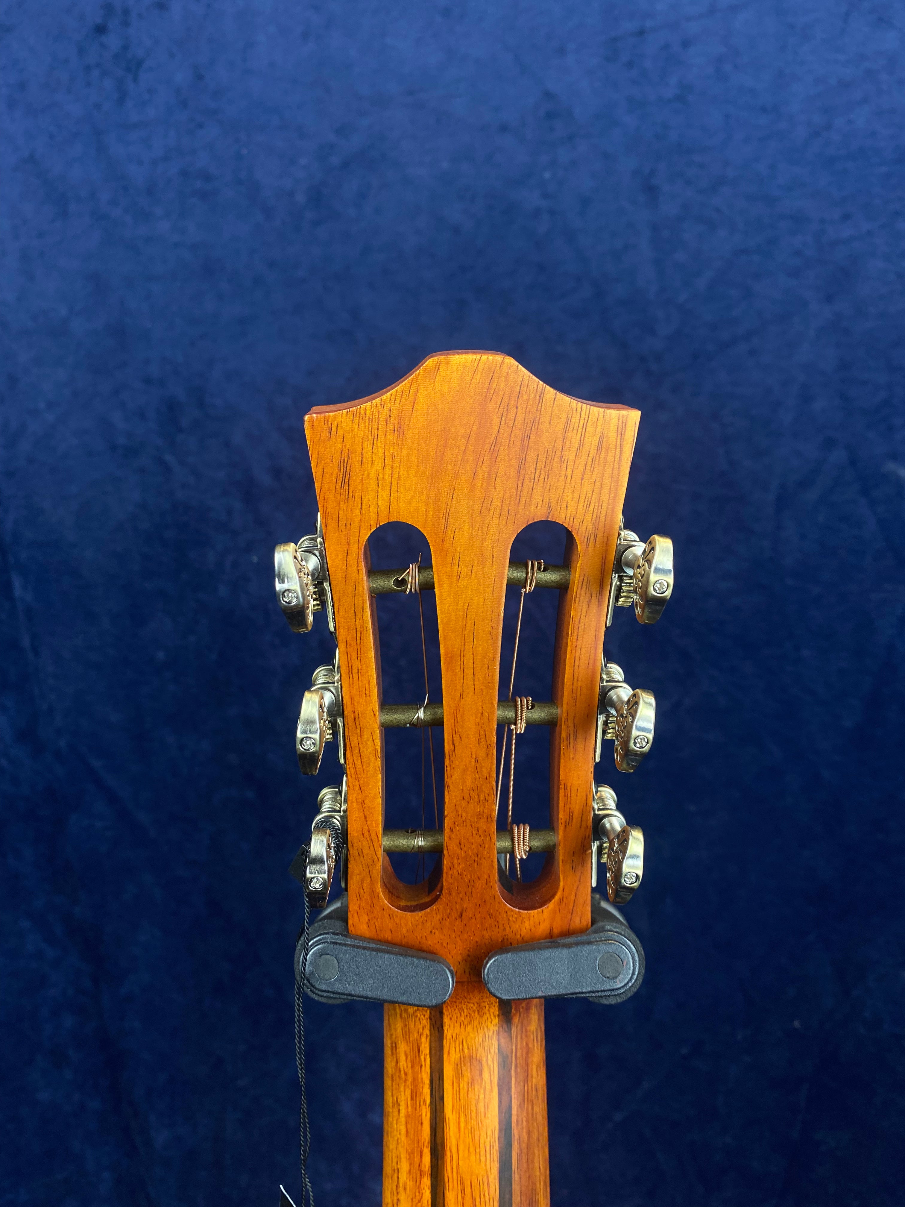Classical acoustic guitar headstock with six tuning pegs, slotted wood design, and a dark blue background.
