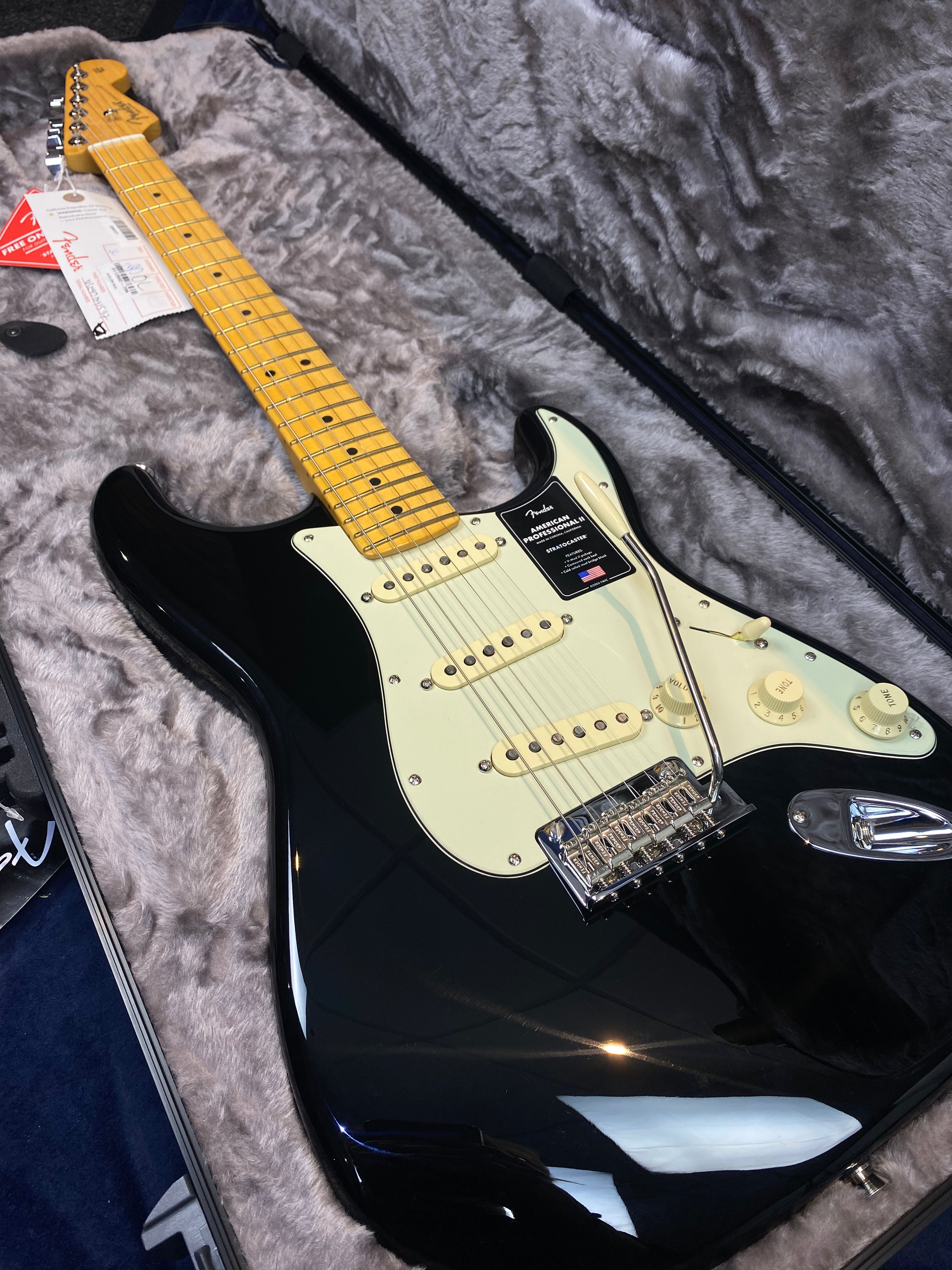 Glossy black electric guitar with a light green pickguard, maple neck, and three single-coil pickups resting in a gray fur-lined hard case.