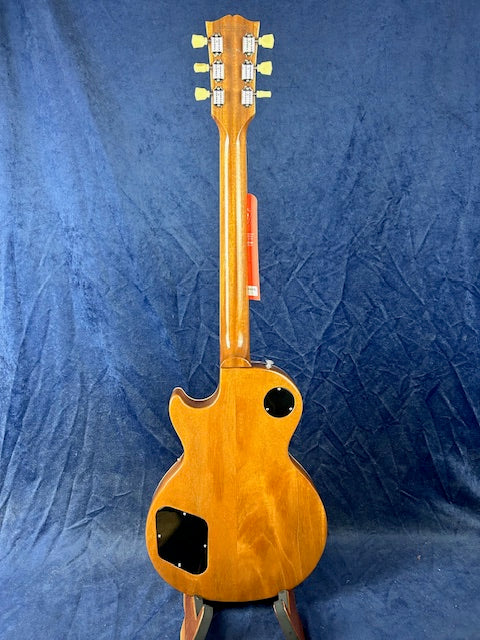Rear view of a wooden electric guitar showing the neck, back, and two open control cavities, set against a blue background.