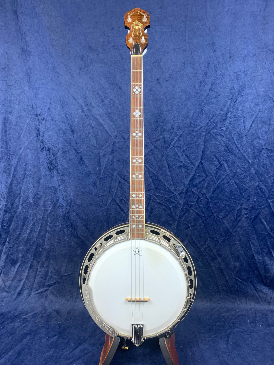 Vintage five-string banjo with a wood neck, decorative inlays on the fretboard, metal rim, and white drumhead, standing upright against a blue cloth backdrop.