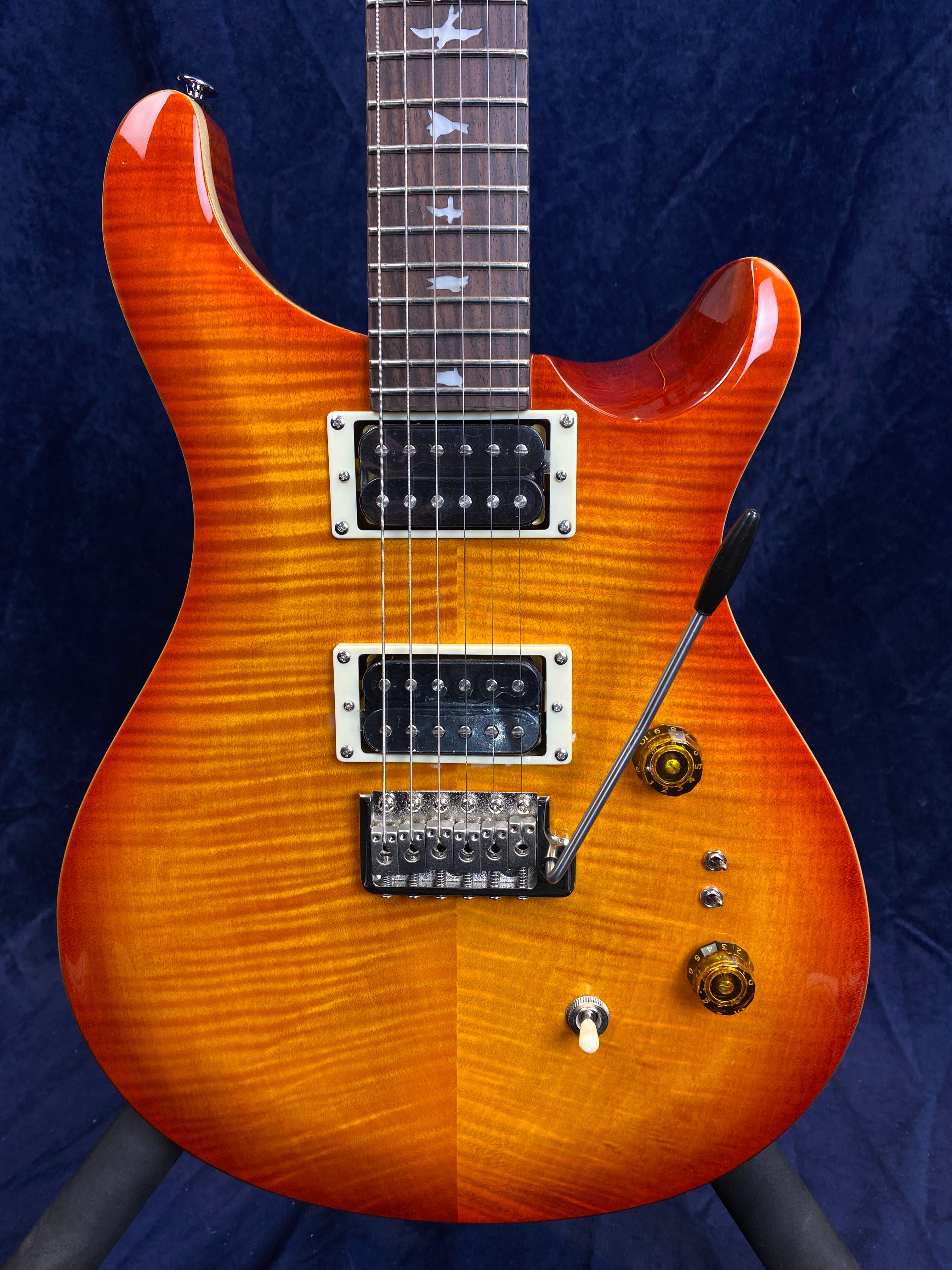 Sunburst electric guitar with two humbucker pickups, tremolo bridge, two amber knobs, toggle switch, and bird inlays on the fretboard.