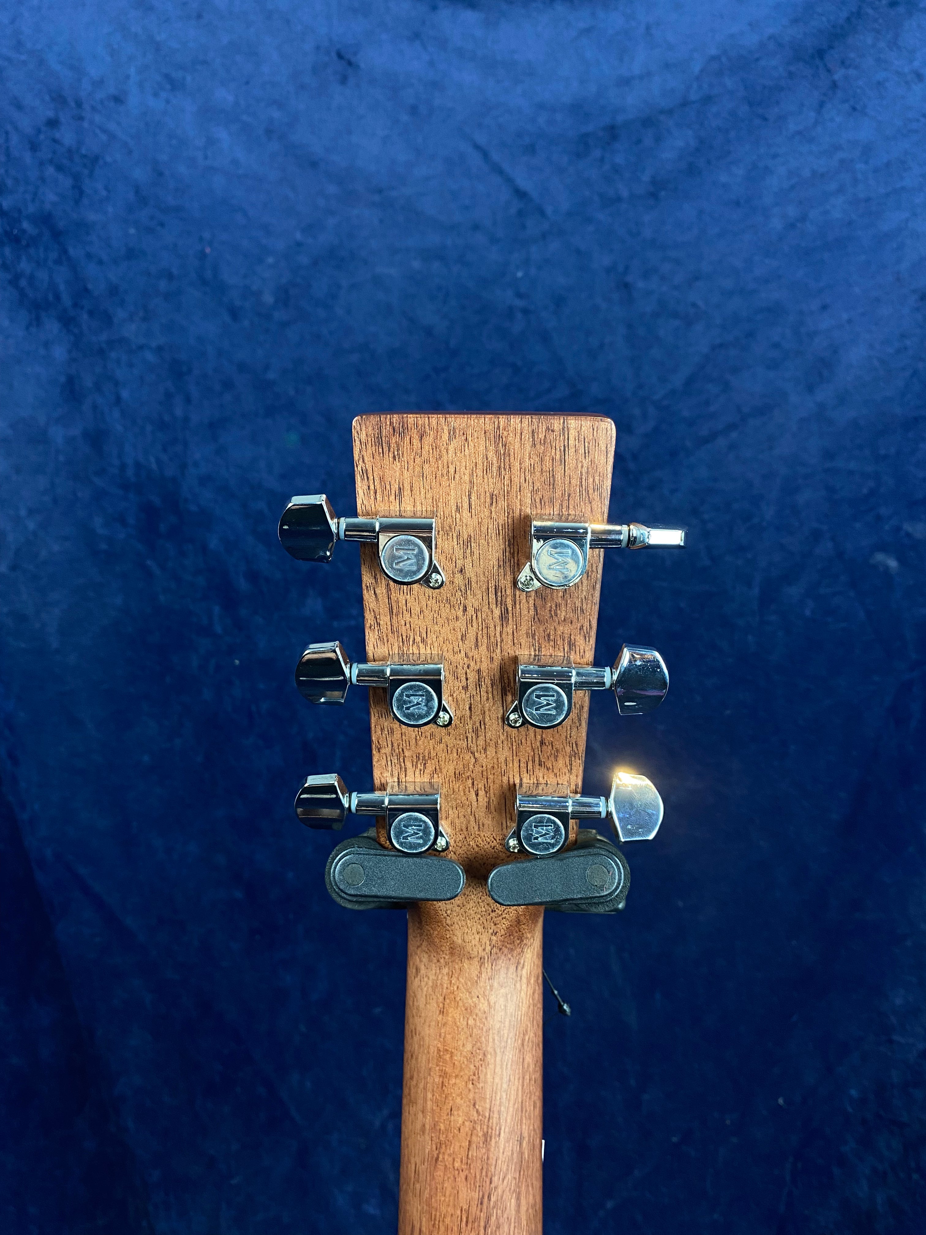 Six metal tuning pegs on the wooden acoustic guitar headstock, viewed from the back against a solid blue background.