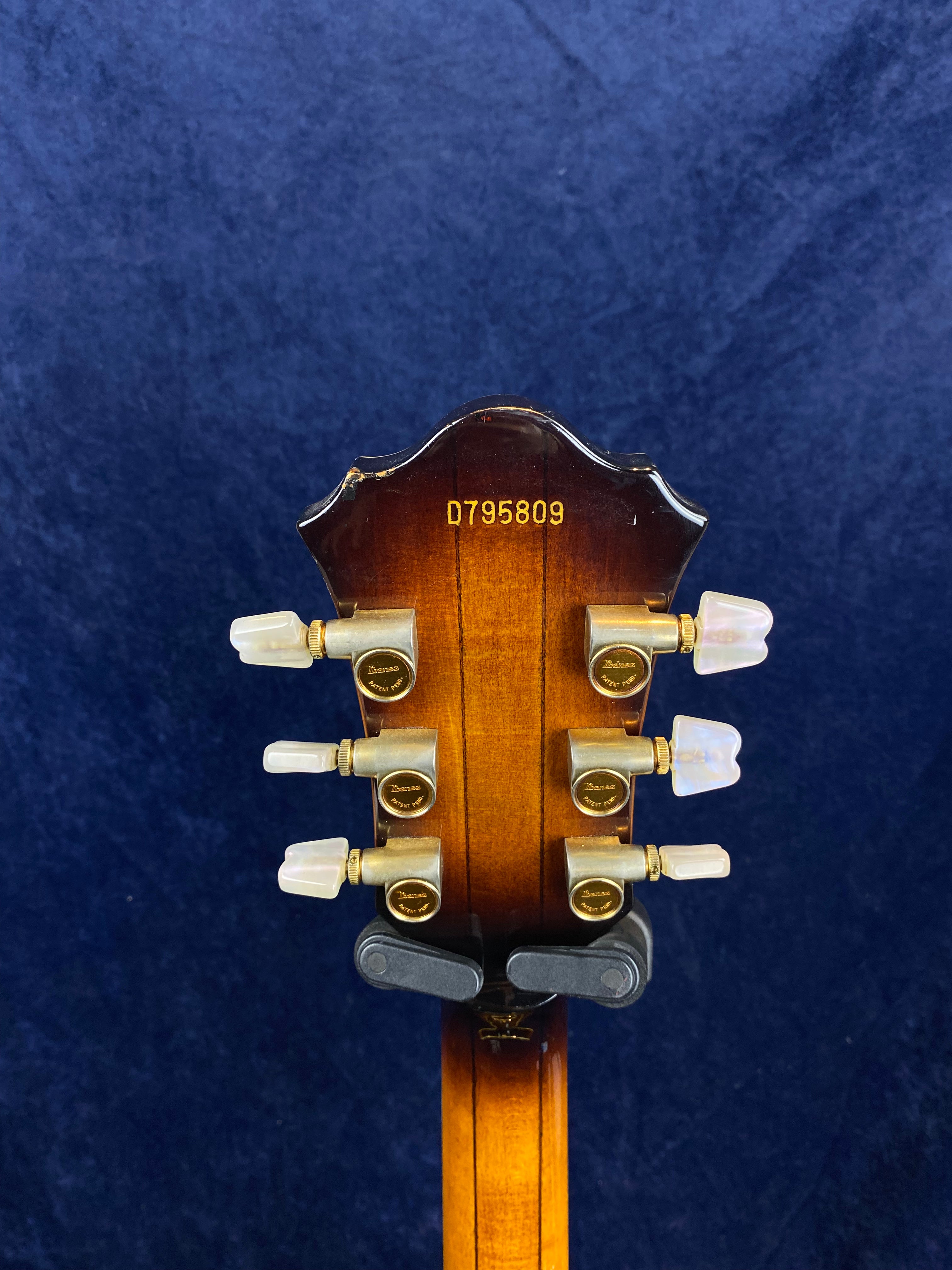 The back of an electric guitar headstock shows six tuning pegs, gold hardware, white plastic knobs, and the serial number D795809.