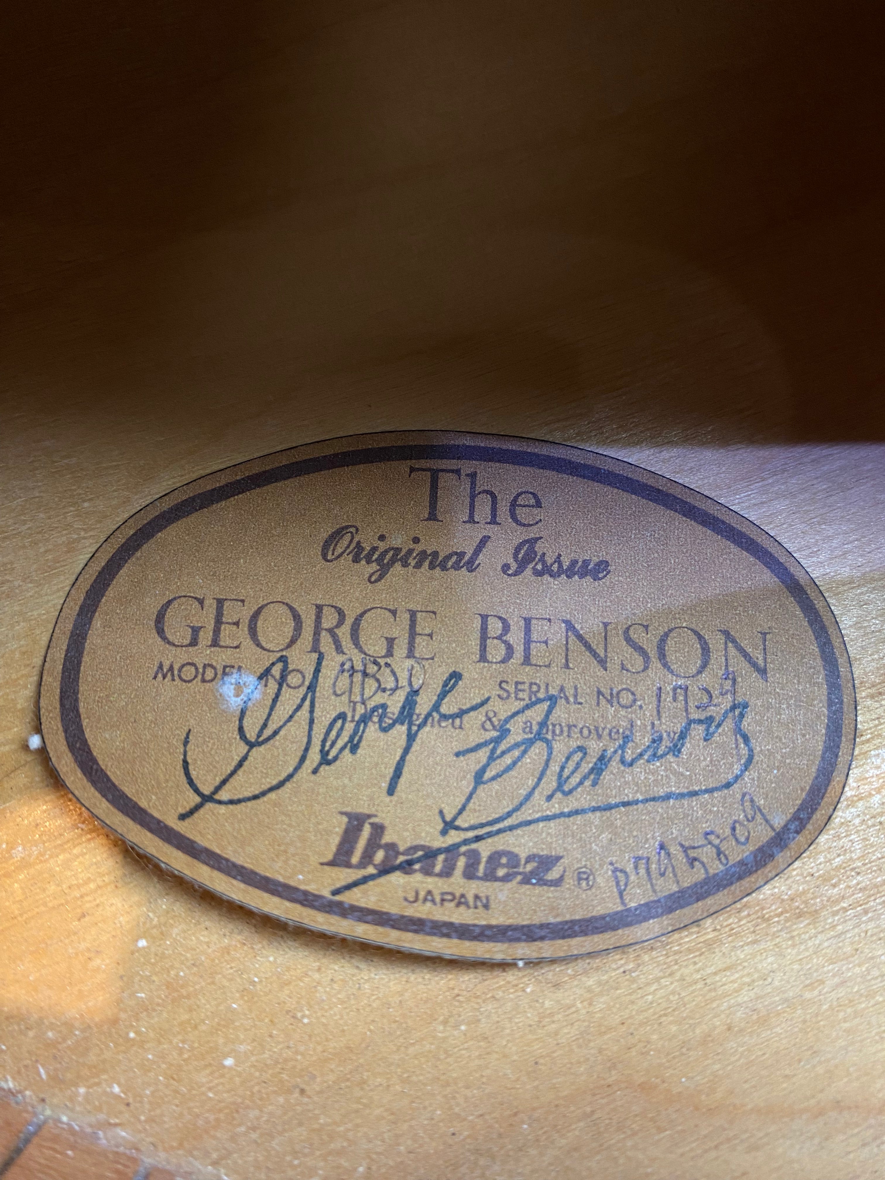 Ibanez George Benson model GB30 electric guitar label, signed by George Benson, showing serial number 1792 and made in Japan.
