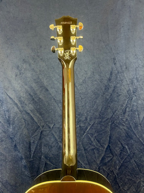 The image shows the back of an acoustic guitar's neck and headstock with gold tuning pegs, set against a dark textured background.