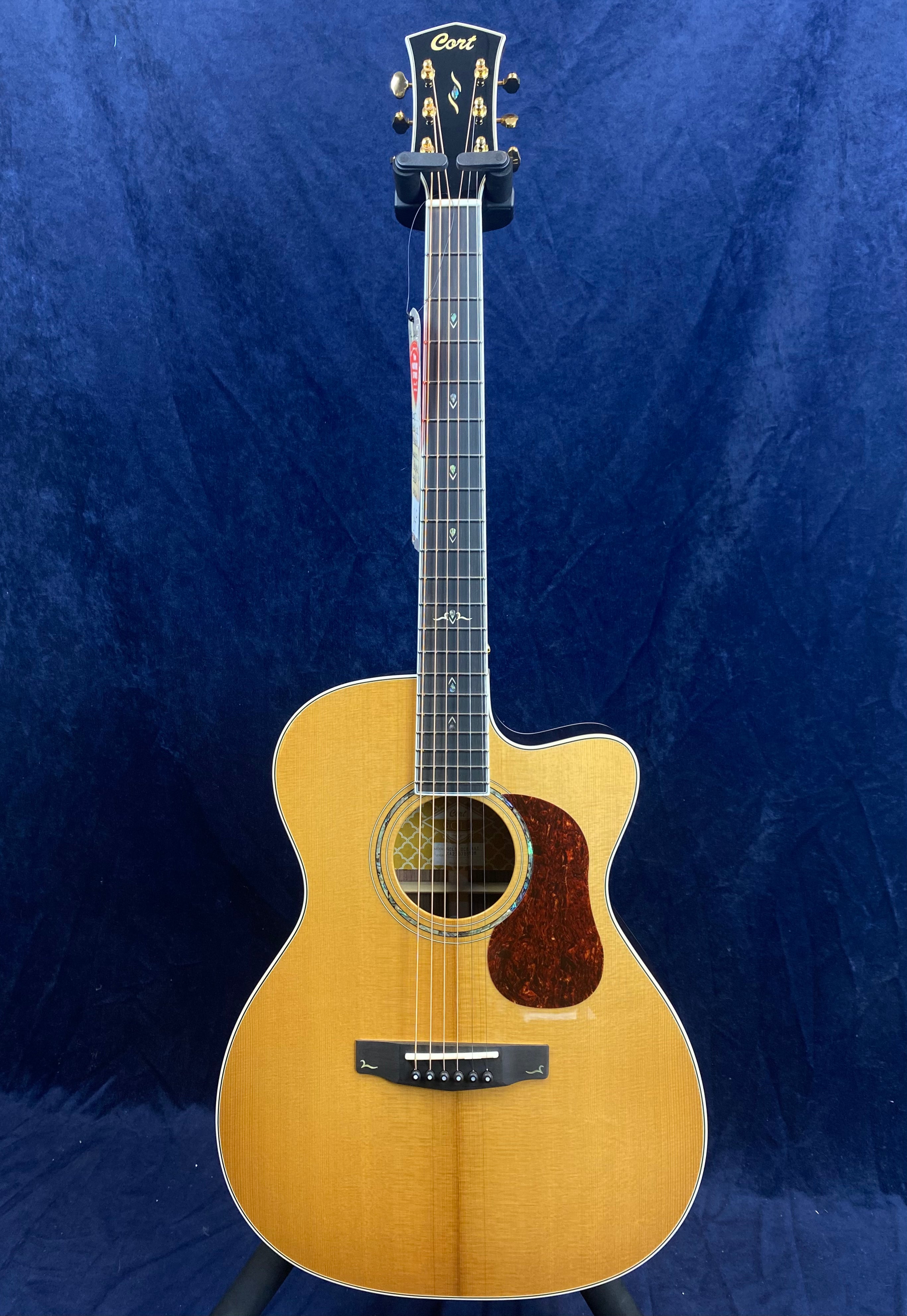Natural wood finish acoustic guitar with a dark pickguard, cutaway body, and six strings, displayed upright against a blue background.