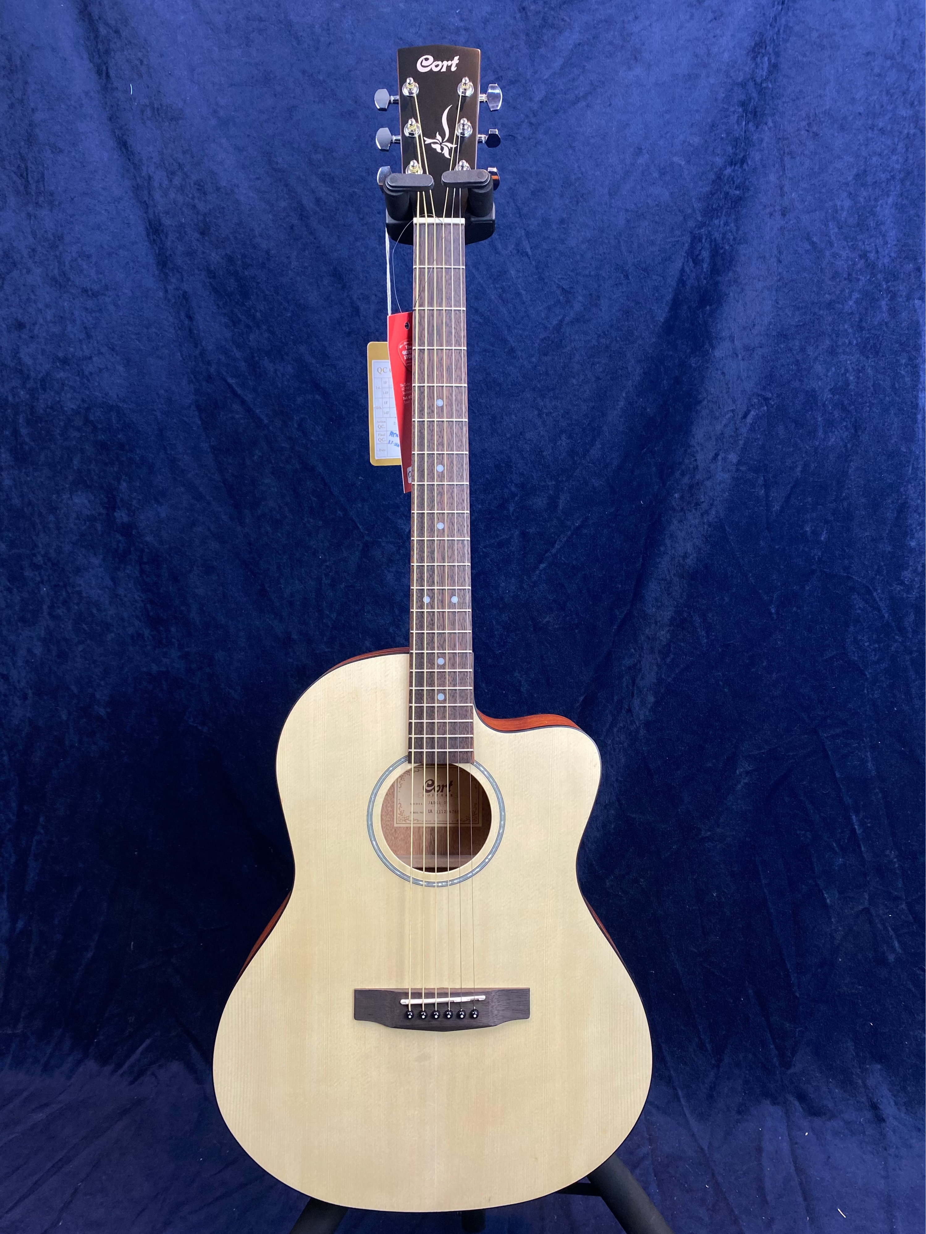 Guitare acoustique Cort à pan coupé, finition bois clair, six cordes, tête noire avec logo blanc, fond bleu uni en arrière-plan.
