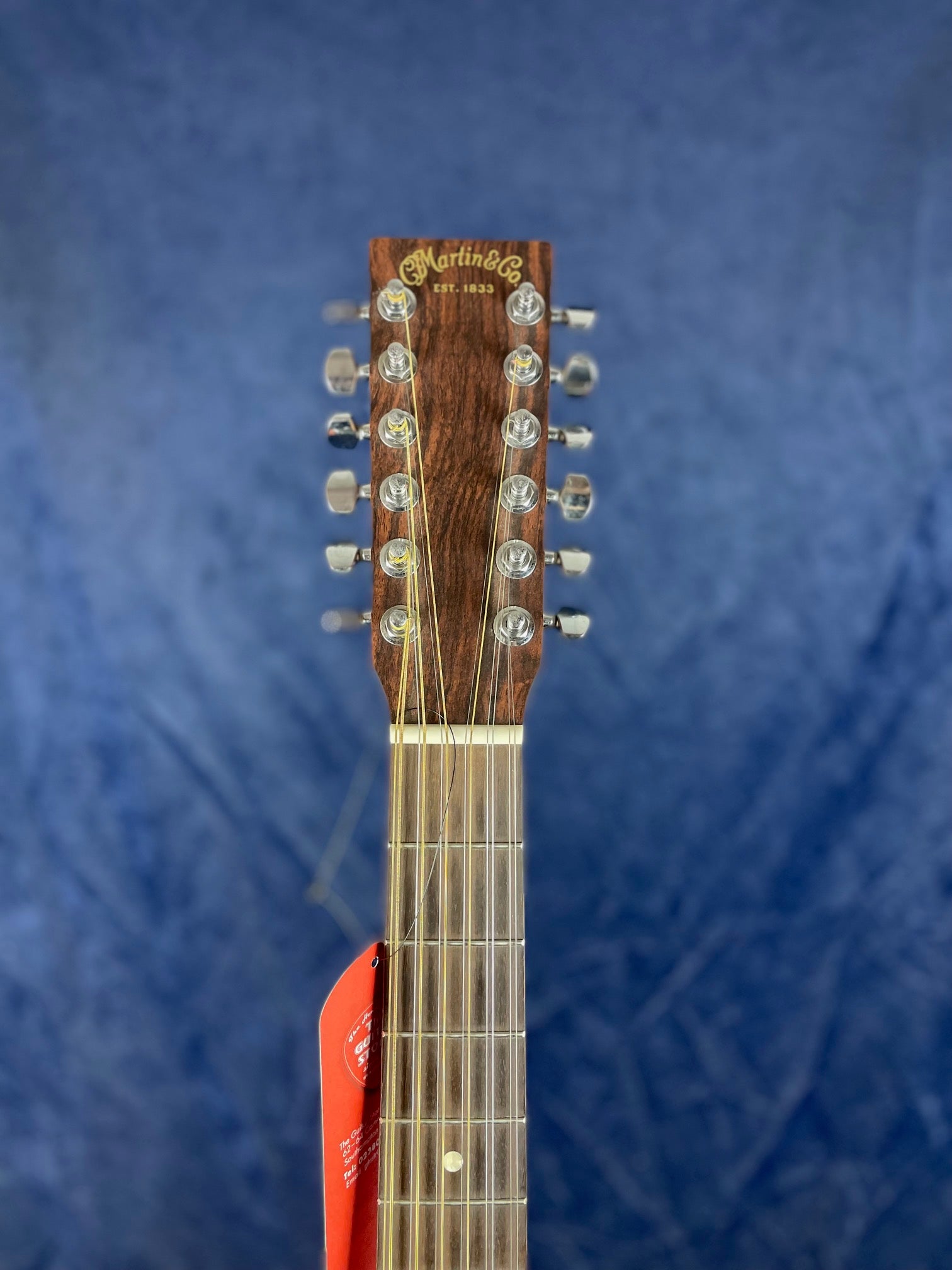 Headstock of a 12-string Martin acoustic guitar with tuning pegs, wood grain, and gold Martin & Co. logo against a soft blue background.