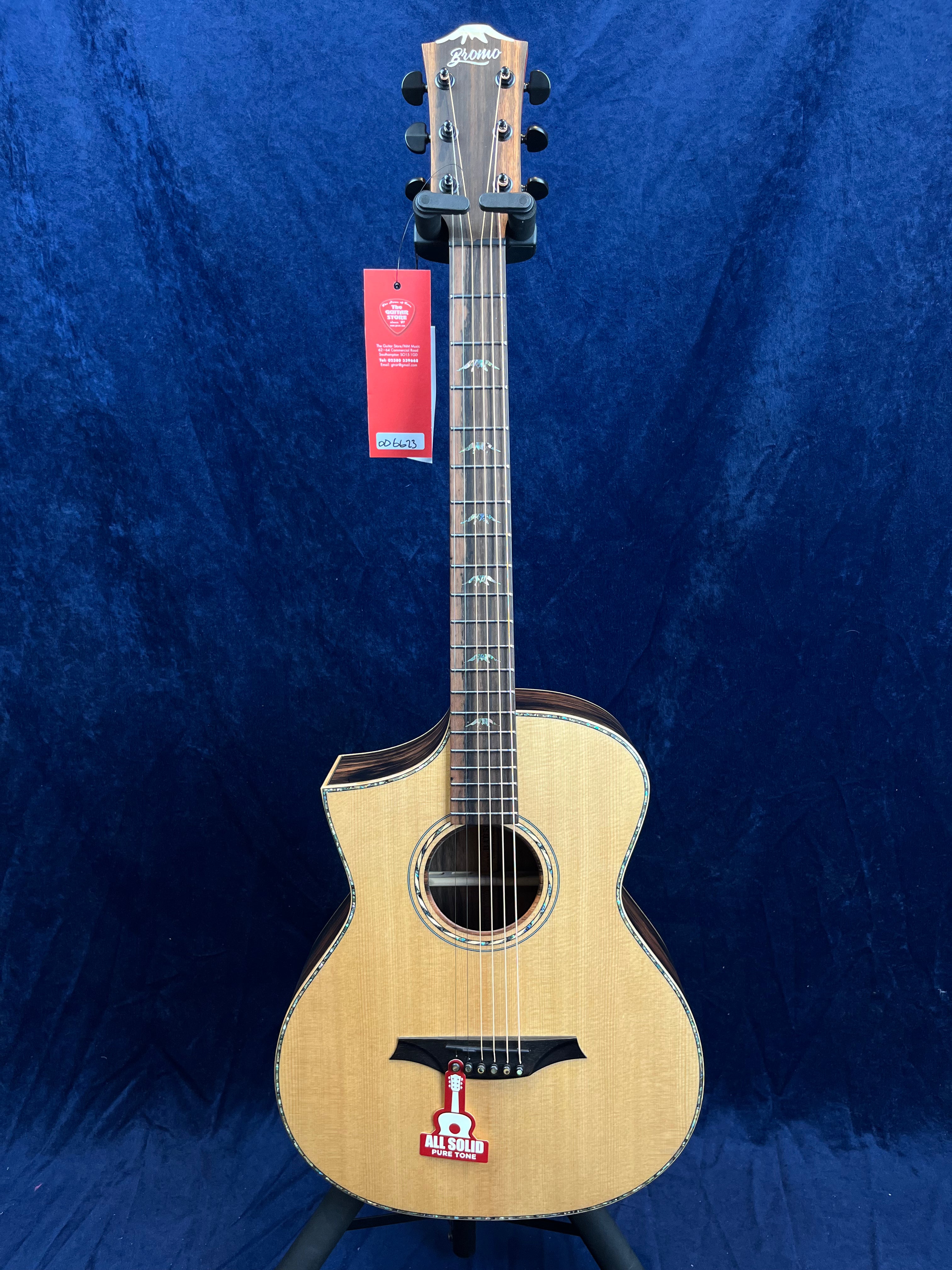 Bromo Rocky Mountain BAR5CE Left Handed Hillside Cutaway All Solid Spruce/Ebony