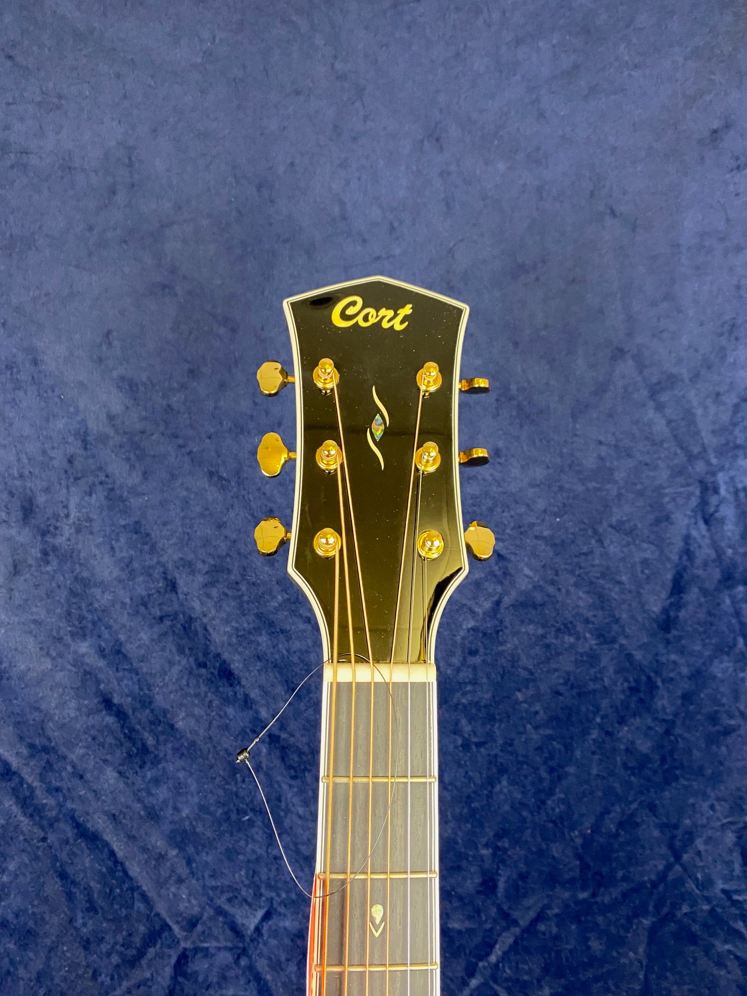 Cort acoustic guitar headstock with gold tuners, decorative inlay, and the brand name "Cort" in gold script on a dark background.
