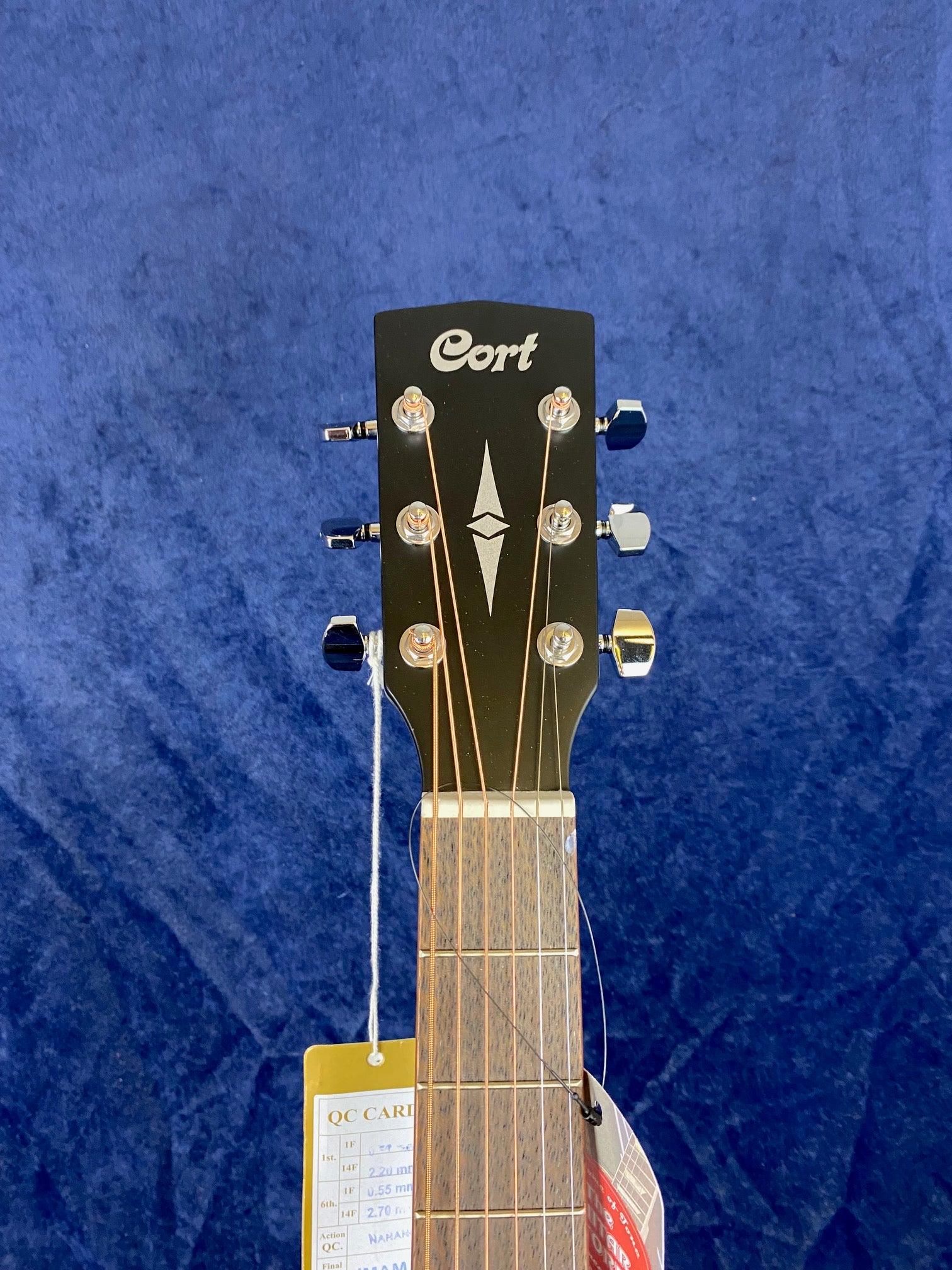 Cort acoustic guitar headstock with six tuning pegs, strings, decorative inlays, and hang tags against a blue background.