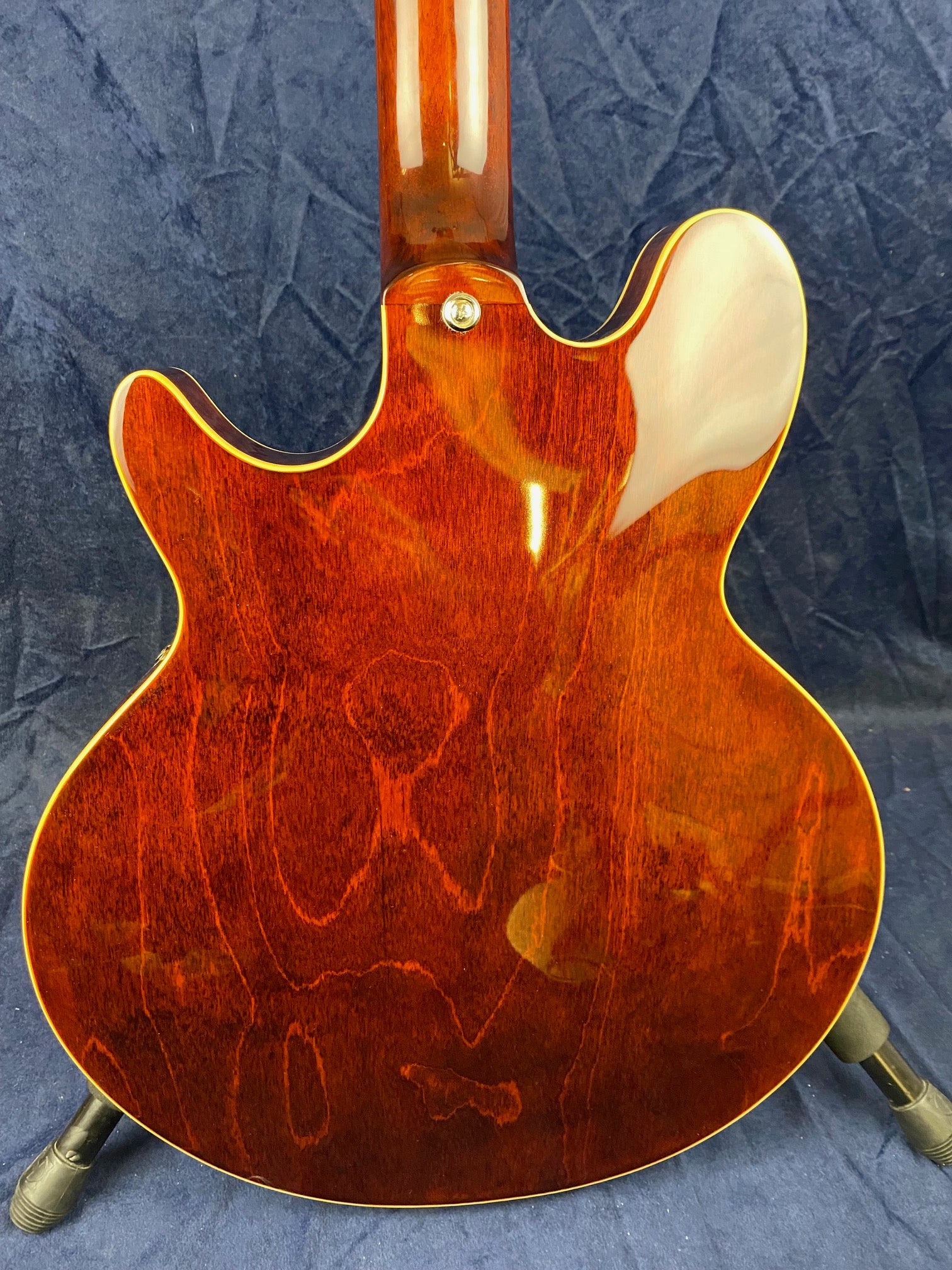 Curvy semi-hollow bass guitar body in glossy reddish-brown wood finish with visible wood grain and a single neck joint screw at the top.
