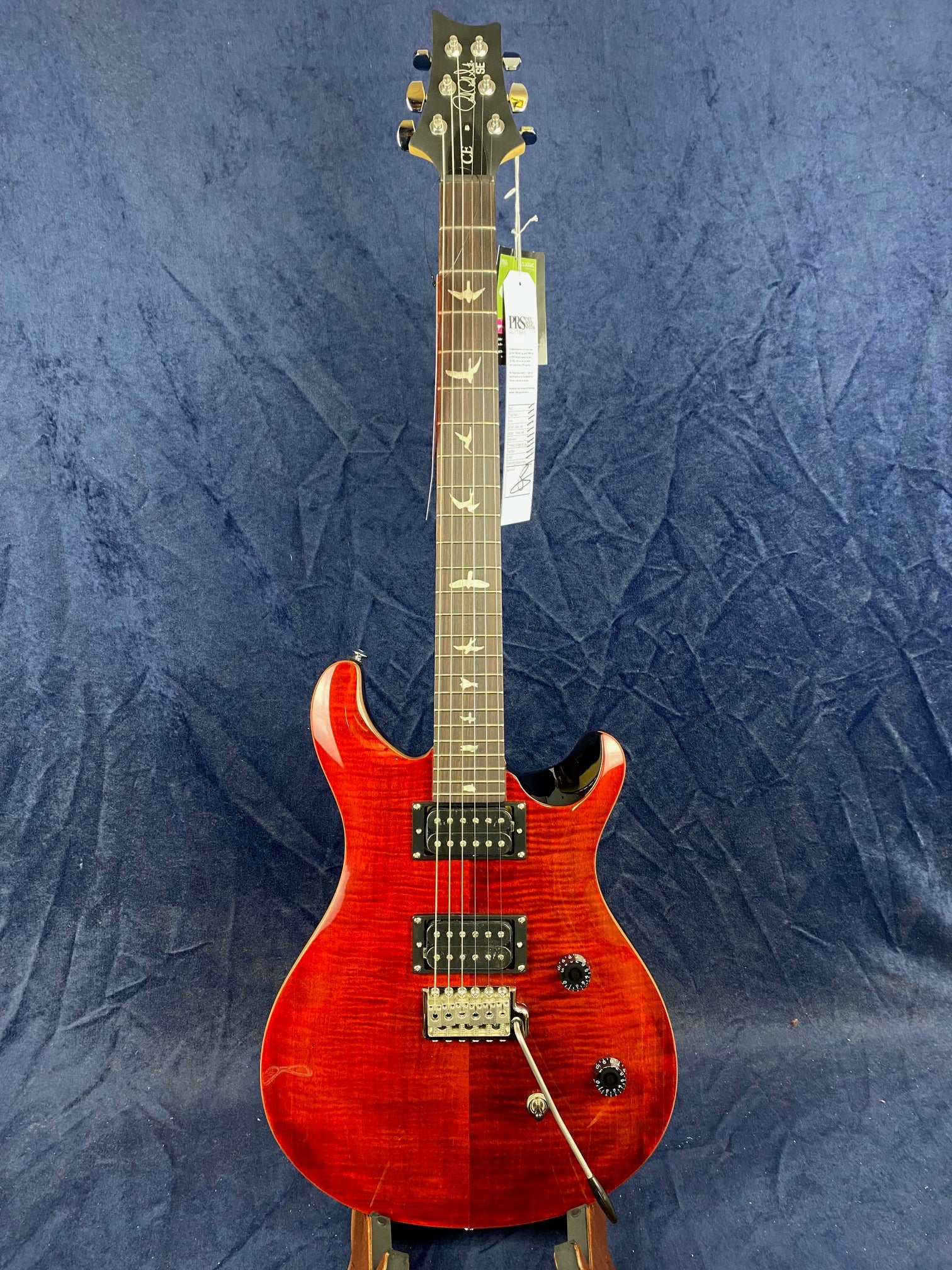 Glossy red electric guitar with two black pickups, bird inlays on the fretboard, and a whammy bar, standing upright against a dark blue backdrop.