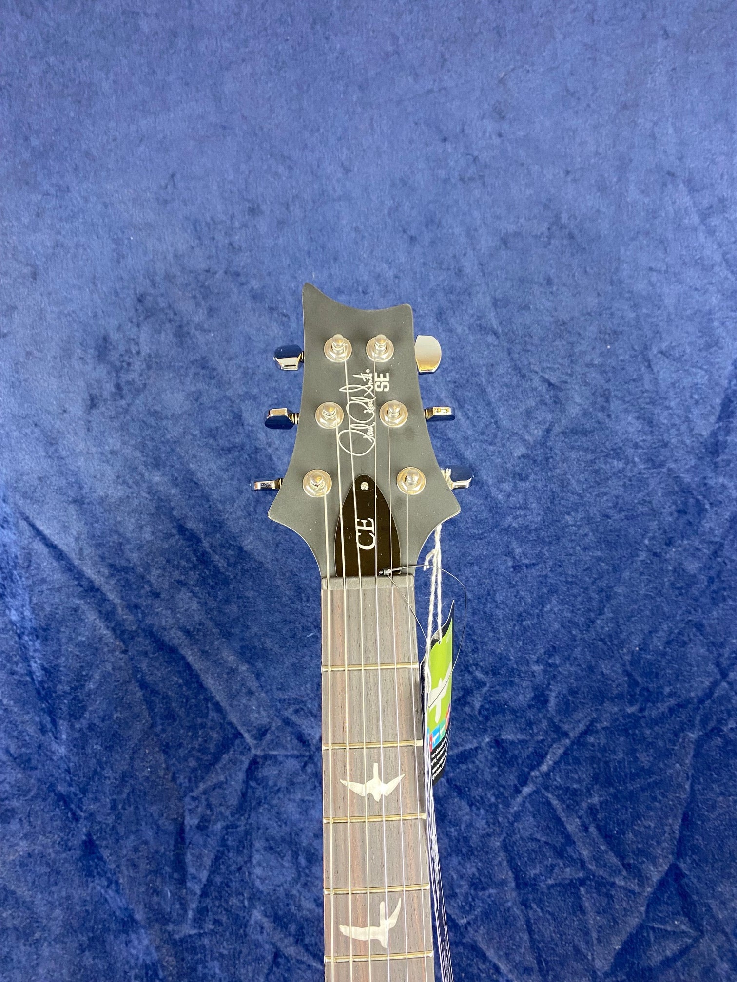 Electric guitar headstock with six tuning pegs, signature logo, SE label, and bird inlays on a dark wood fretboard against a blue background.