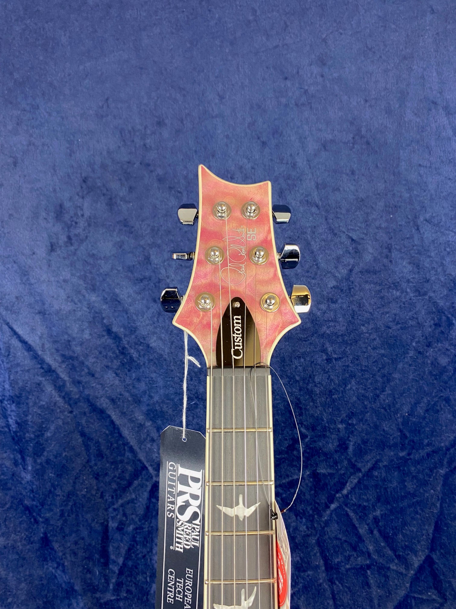 Headstock of a PRS electric guitar with six tuning pegs, bird inlays on the fretboard, and PRS and Custom labels attached.