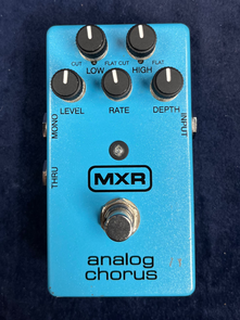 Bright blue MXR analog chorus FX pedal with five black knobs labeled Low, High, Level, Rate, Depth, one footswitch, and mono input/output jacks.