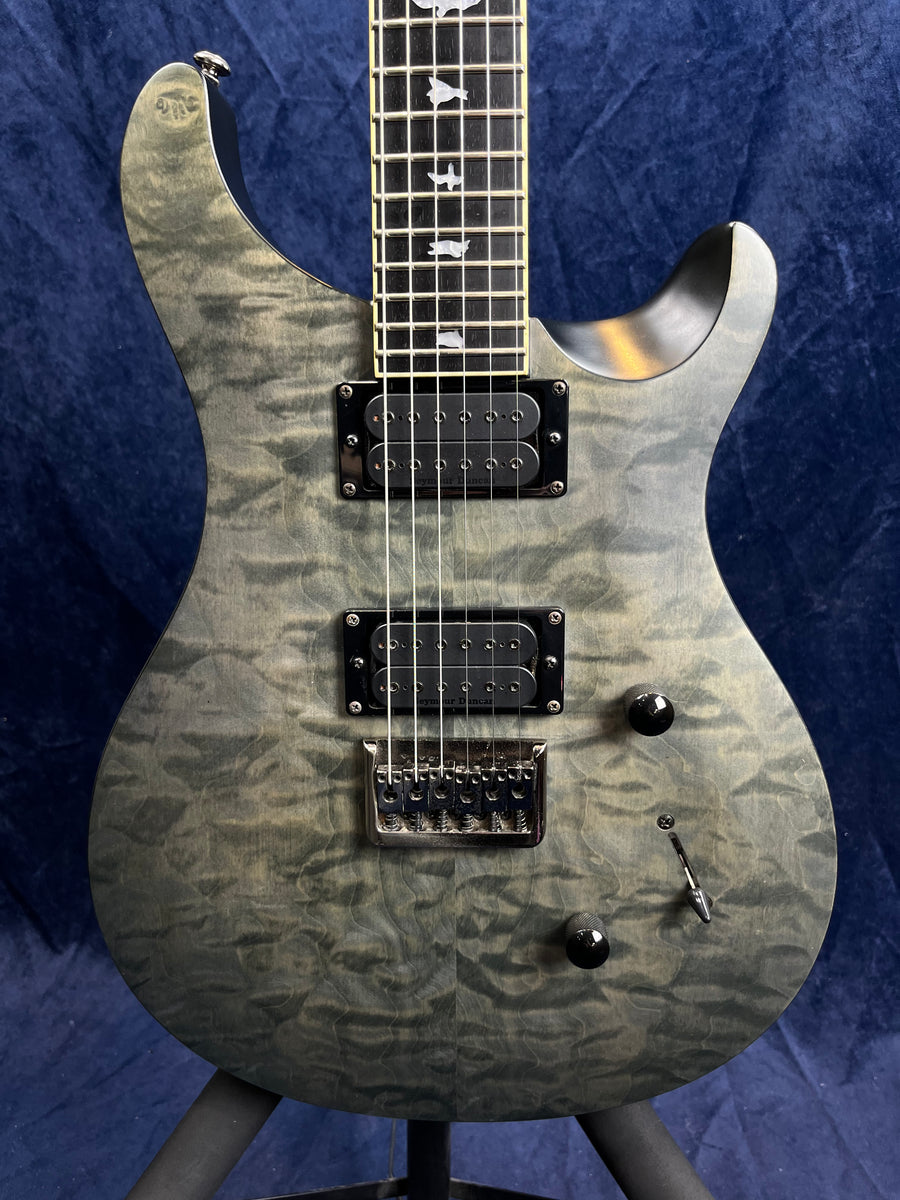 Quilted gray electric guitar with two humbucker pickups, bird inlays on the fretboard, two knobs, and a whammy bar.