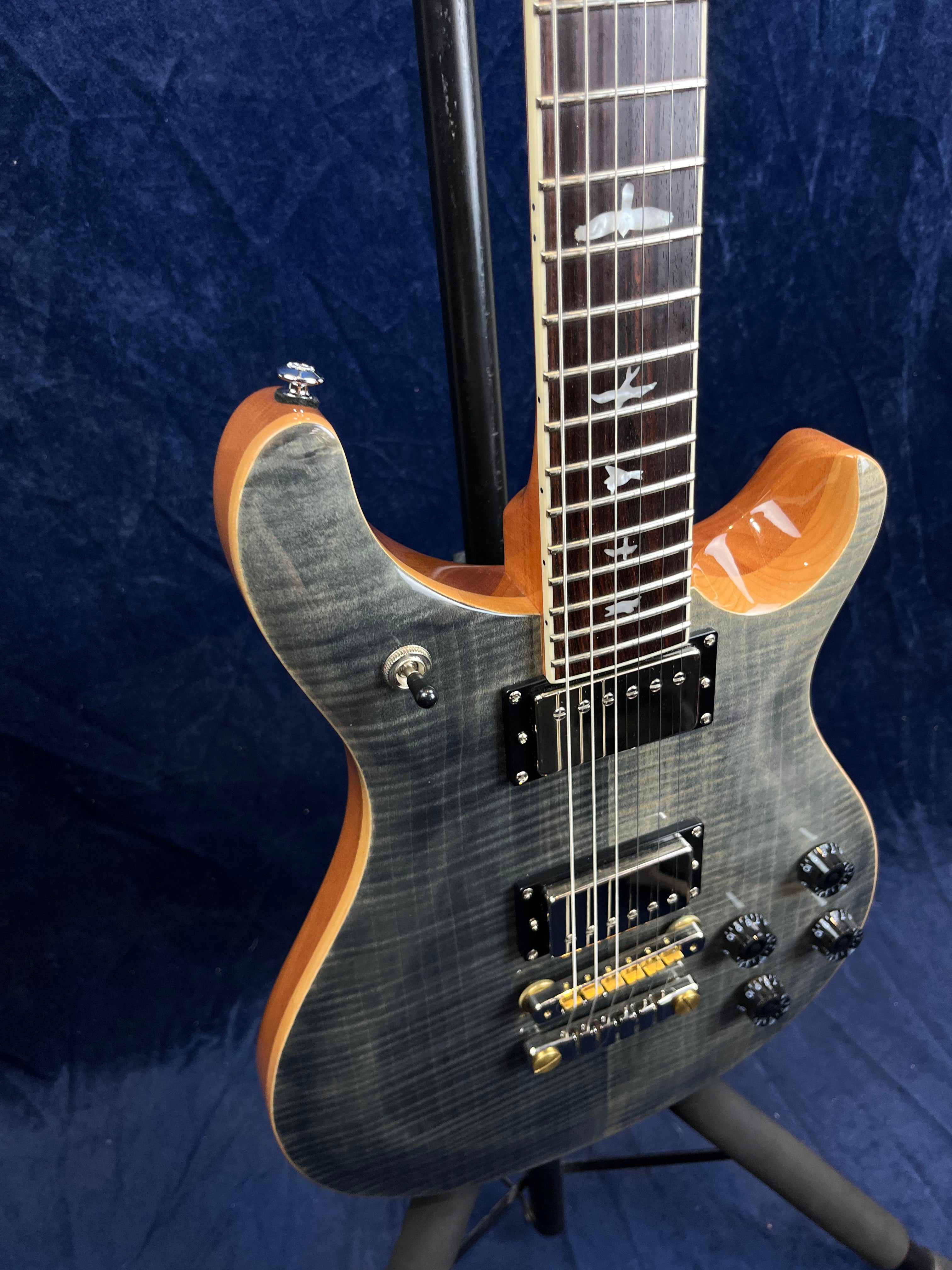 Guitare électrique à corps gris flammé, bords bois naturel, deux micros doubles, quatre boutons noirs et repères en forme d’oiseaux sur le manche.