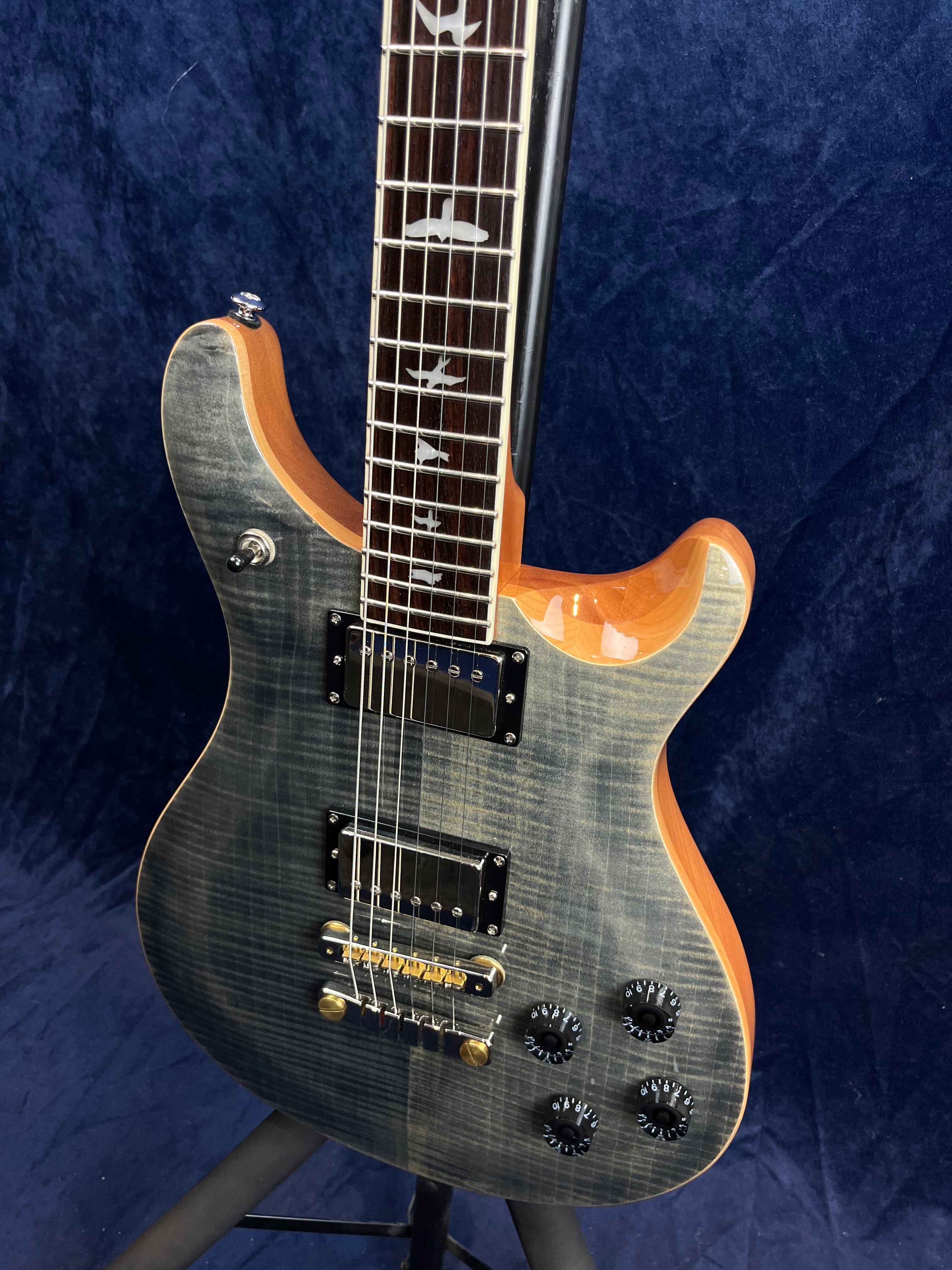 Guitare électrique gris foncé à corps sculpté, manche orné d'incrustations d’oiseaux et quatre boutons noirs pour les réglages.