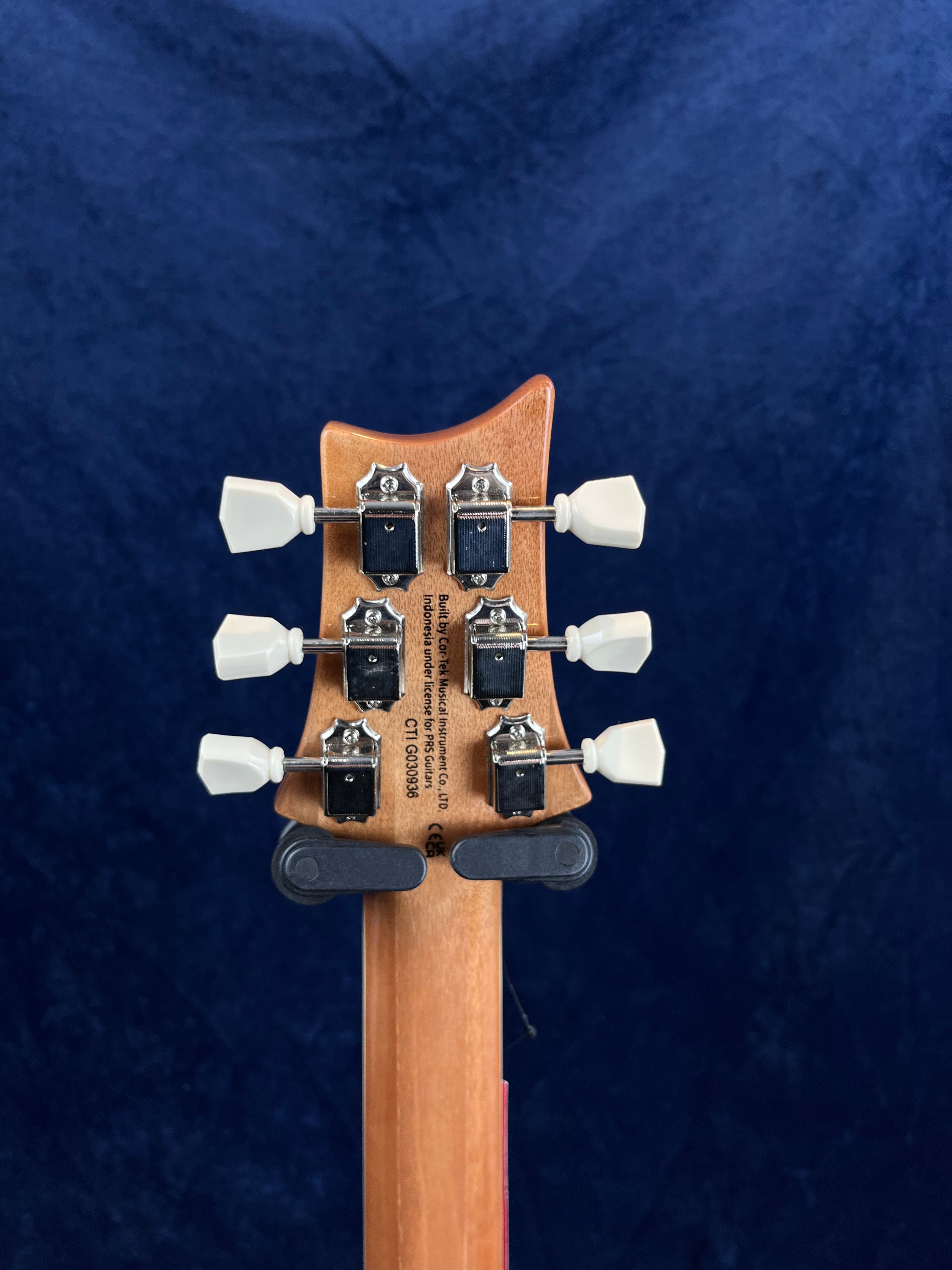 Six mécaniques argentées à boutons blancs alignées trois par trois sur la tête en bois verni d’une guitare électrique, fond bleu uni.