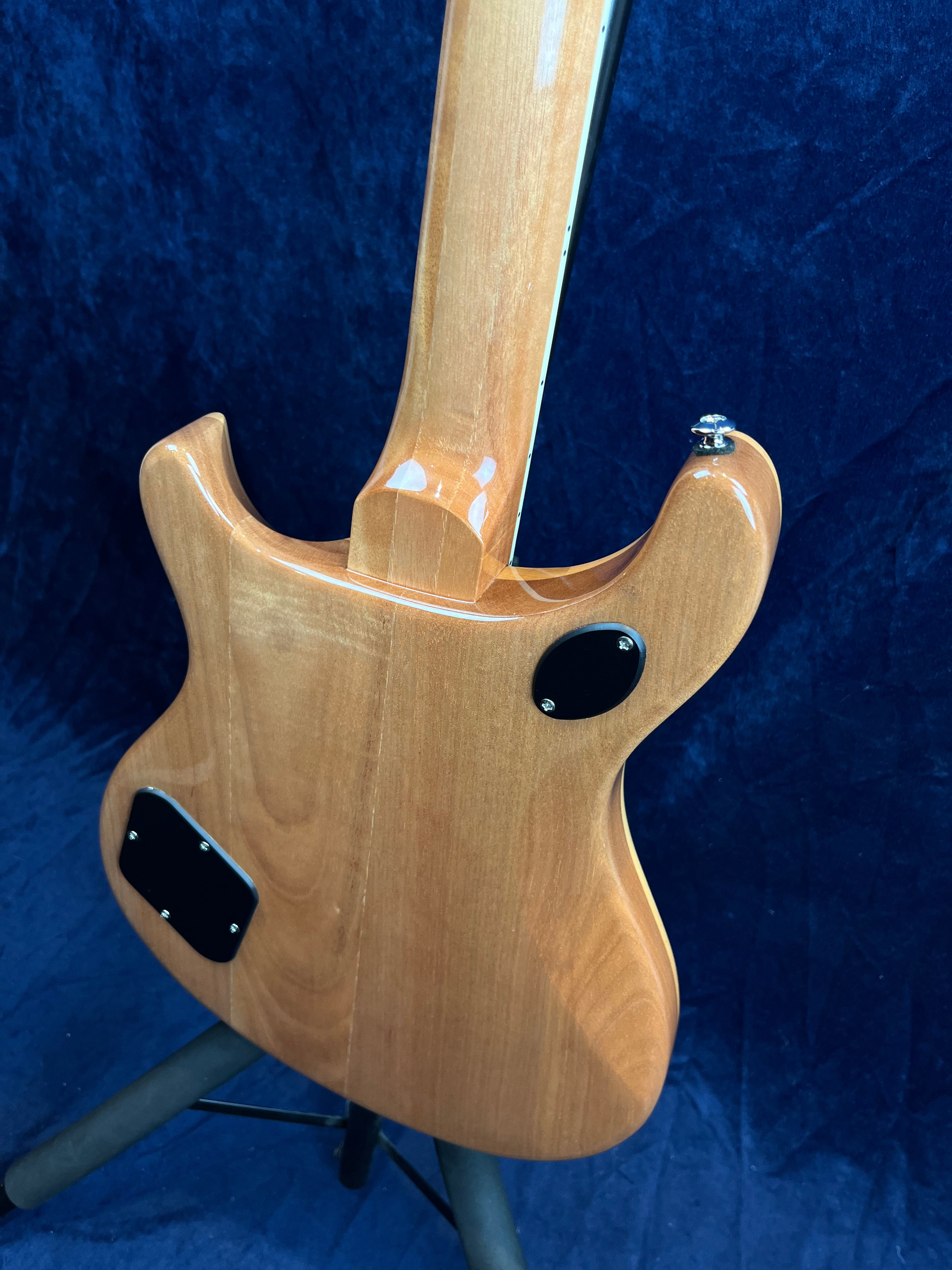 Corps arrière d’une guitare électrique en bois naturel, avec deux plaques de contrôle noires fixées par des vis. Manche vissé et fond bleu en arrière-plan.