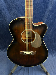 Dark brown acoustic guitar with a cutaway body, six strings, cream edge binding, and a dark pickguard, shown upright on a stand against a blue background.