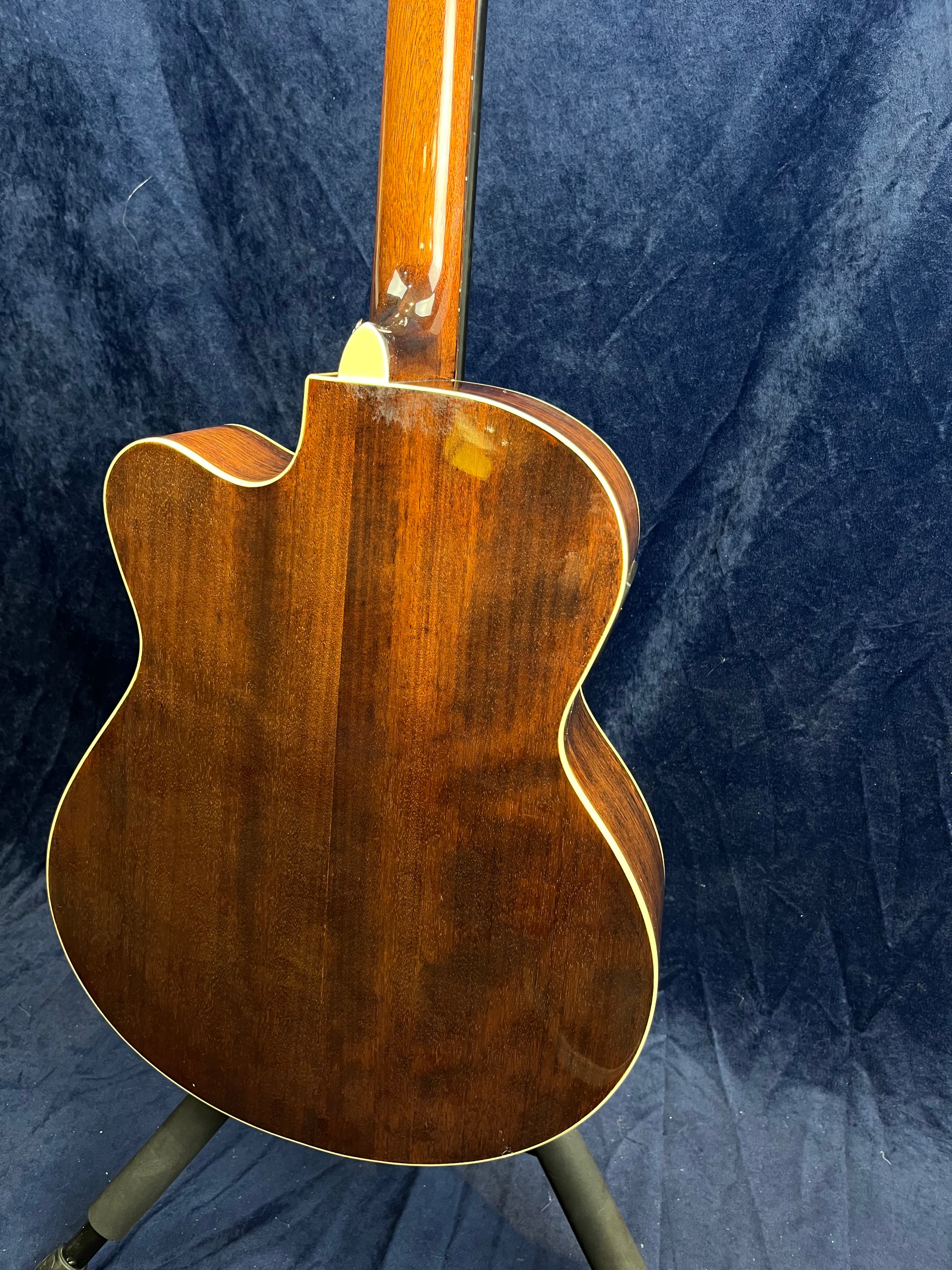 Glossy dark wood acoustic guitar with cream binding, pictured from the back on a stand against a dark blue textured background.