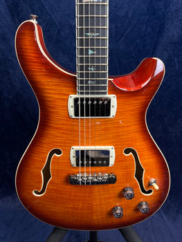 Sunburst electric guitar with dual humbucker pickups, two f-holes, three control knobs, and bird-shaped inlays along the fretboard.
