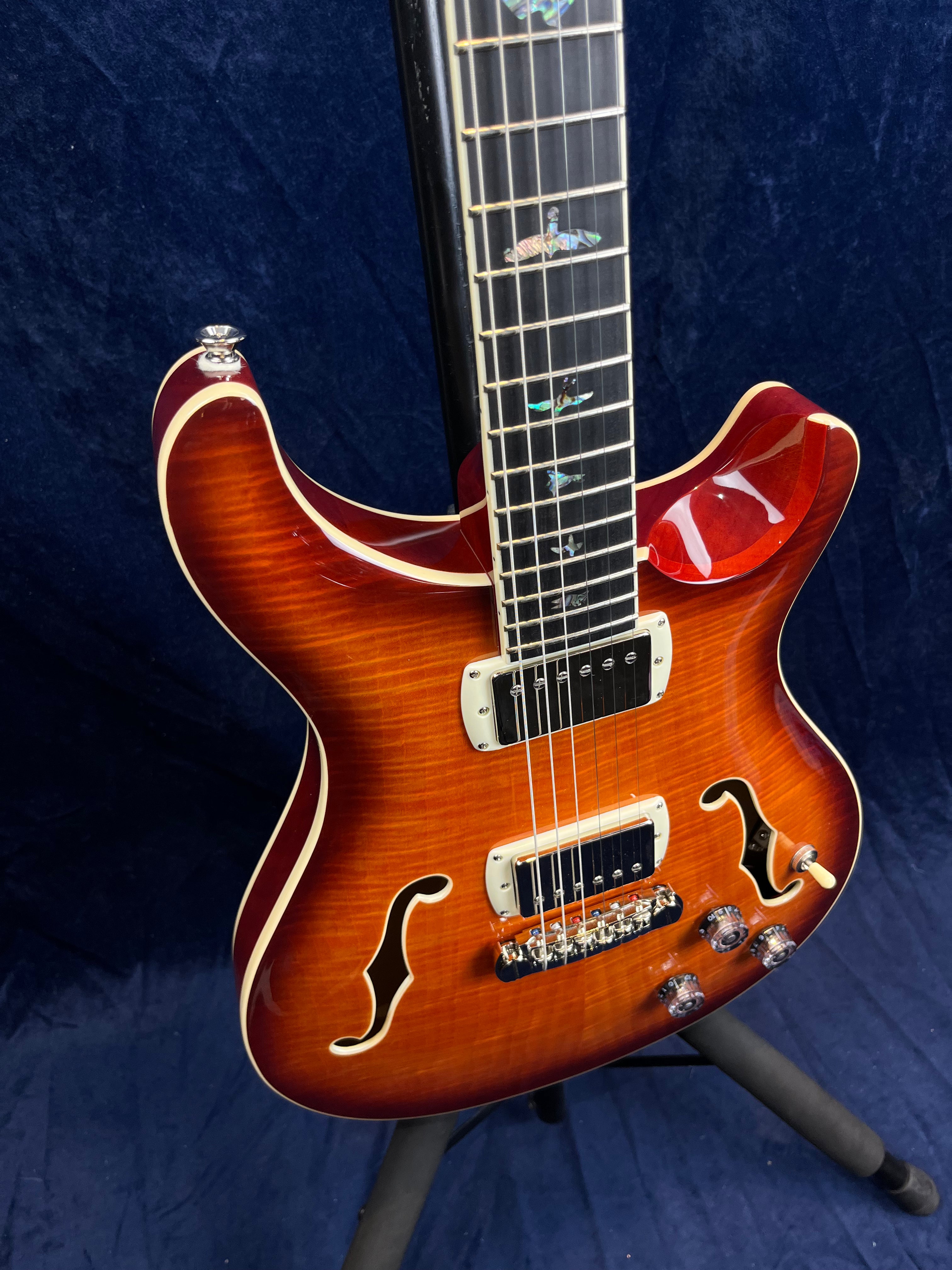 Semi-hollow electric guitar with a sunburst finish, two humbucker pickups, f-holes, and bird inlays on a dark fretboard.