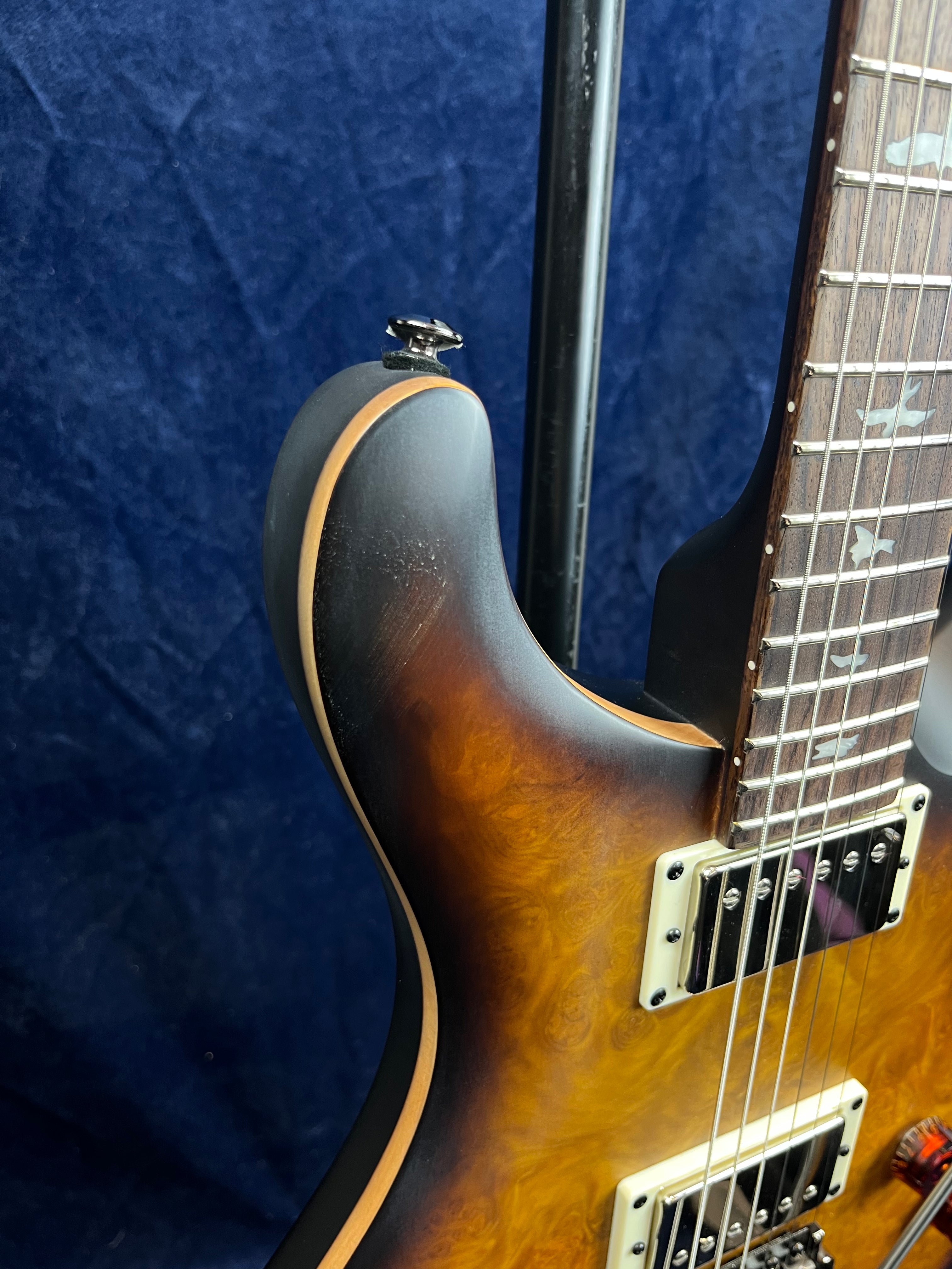 Sunburst electric guitar with a contoured body, cream binding, dual humbucker pickups, and bird inlays on the rosewood fretboard.