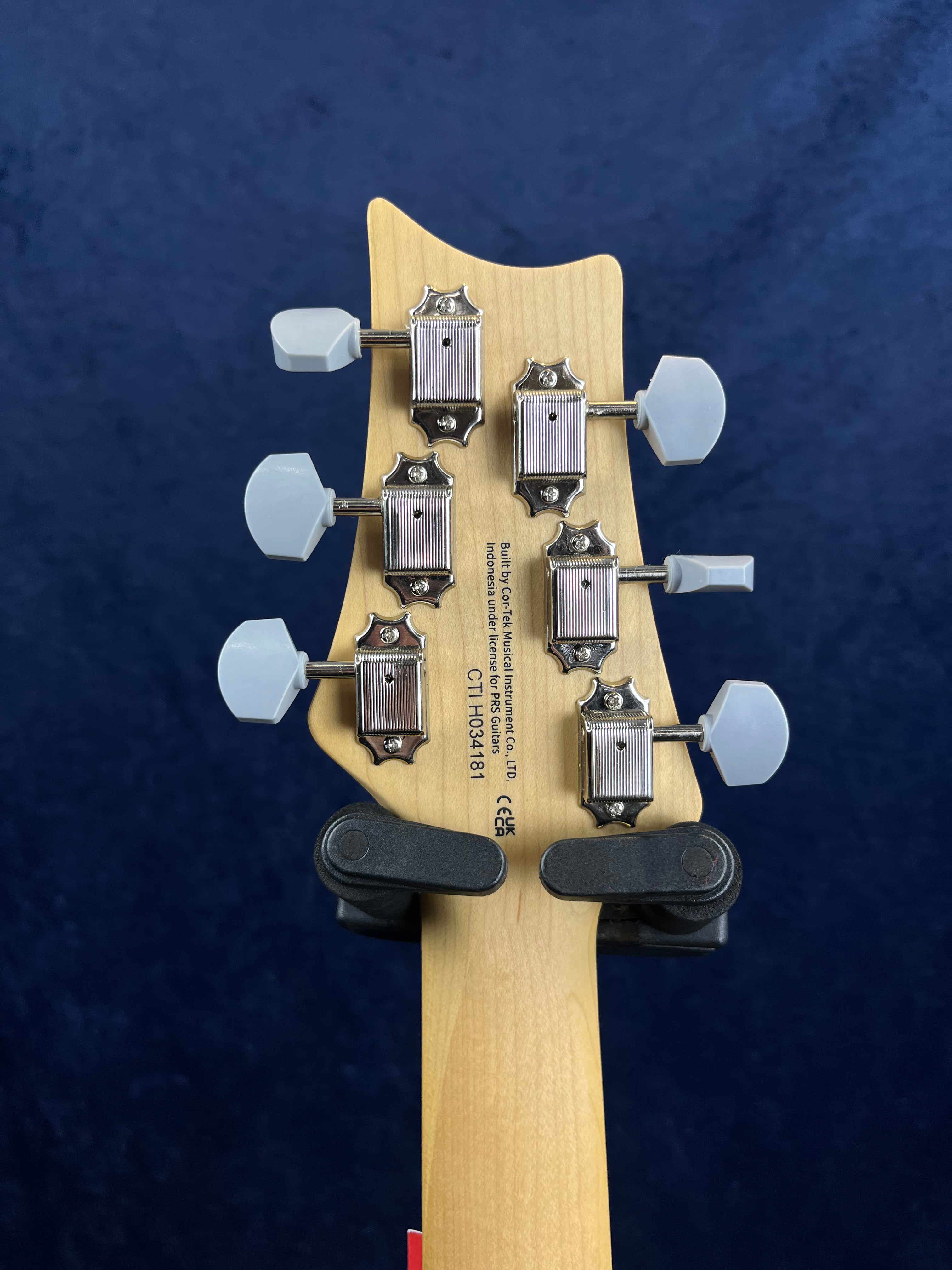 Back of an electric guitar headstock with six vintage-style tuning keys and printed serial number CTH03418 on light wood.