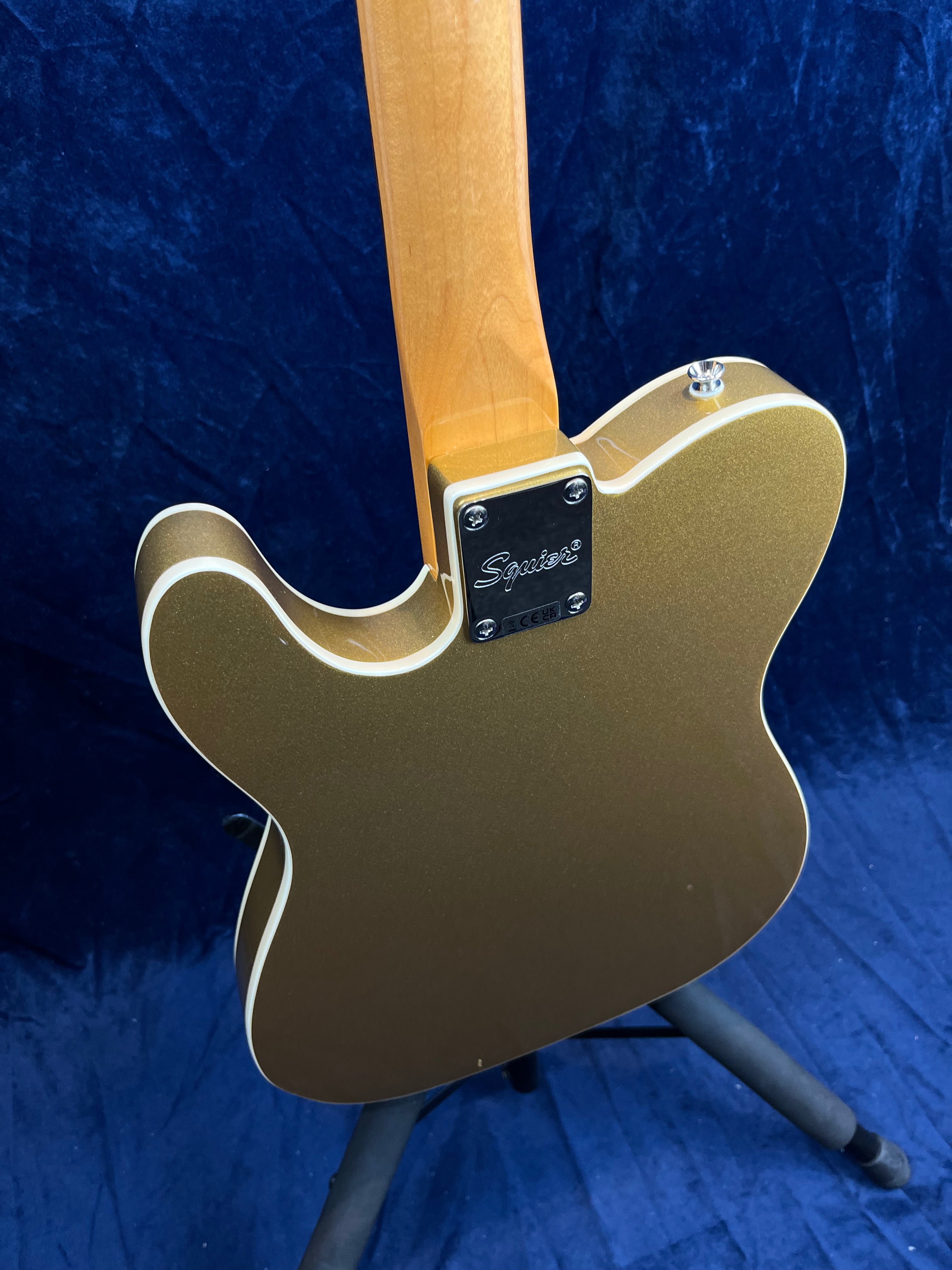 Gold-bodied Squier electric guitar viewed from the back, with a maple neck and white binding, resting on a stand against a dark blue background.