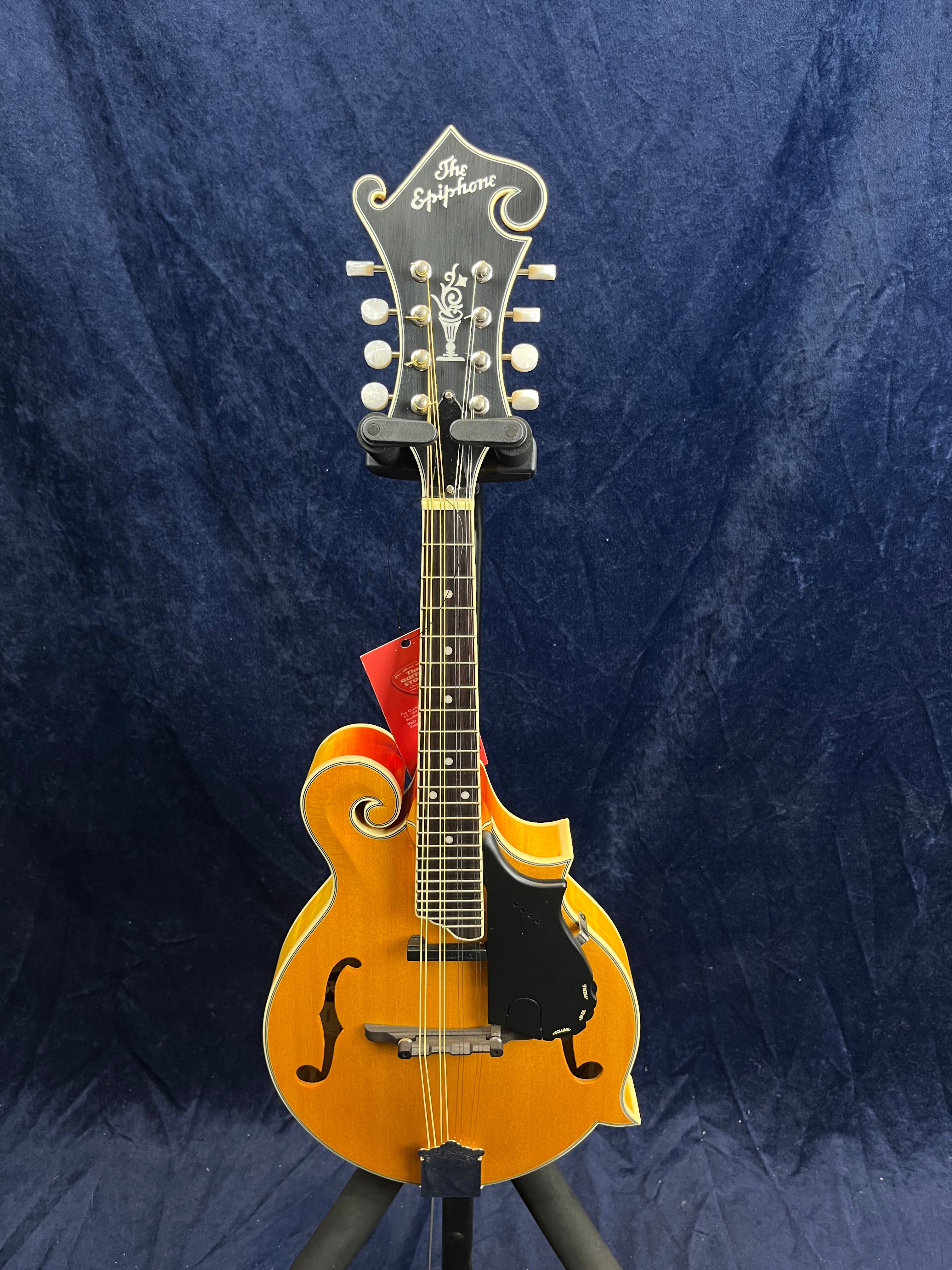 Mandoline Epiphone à huit cordes, finition bois clair vernis, table en forme de 8 avec échancrures et pickguard noir, posée sur un support.
