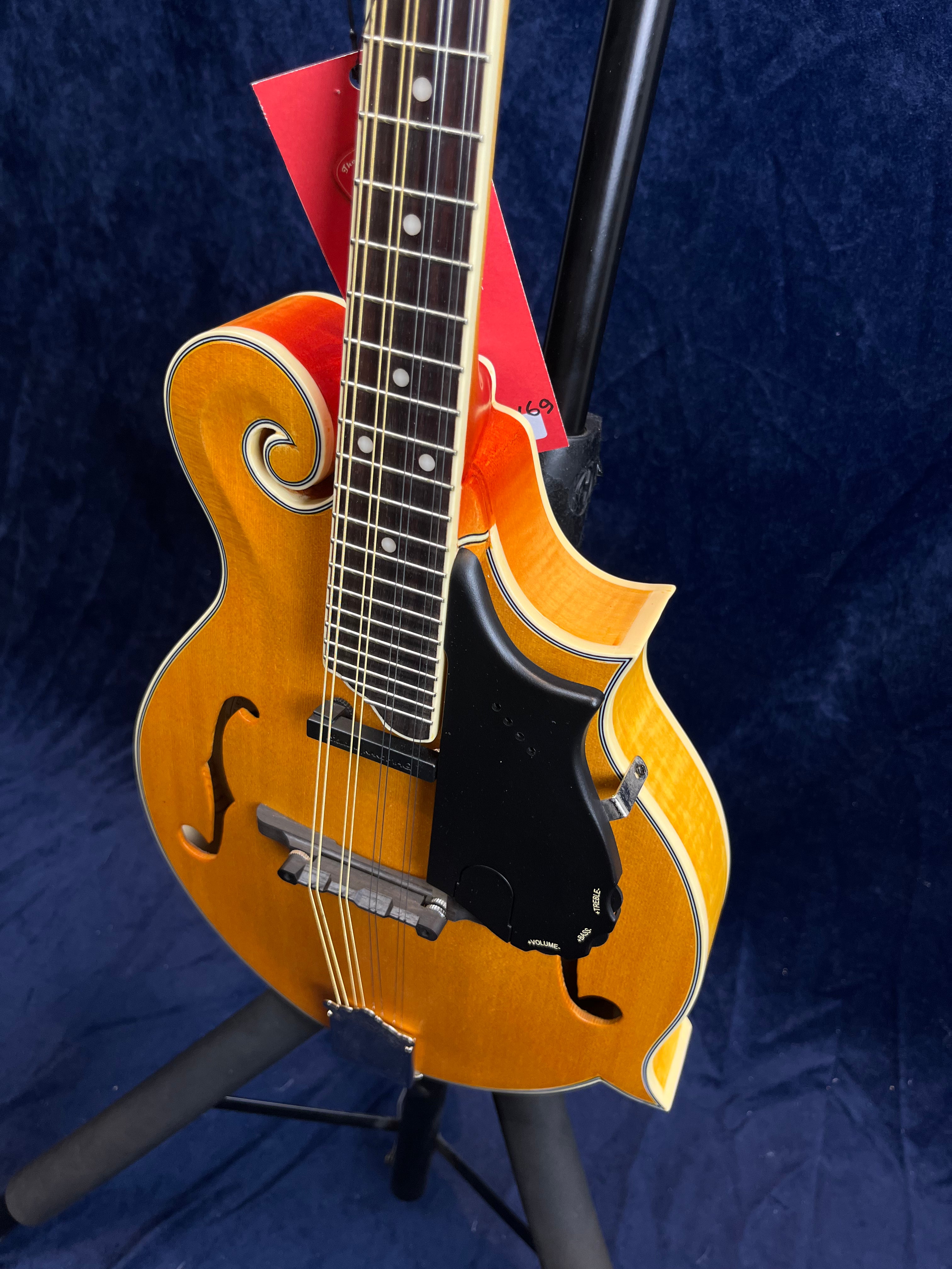 Mandoline en bois verni jaune avec décorations en volute, deux ouïes en forme de f, pickguard noir et cordes métalliques tendues.