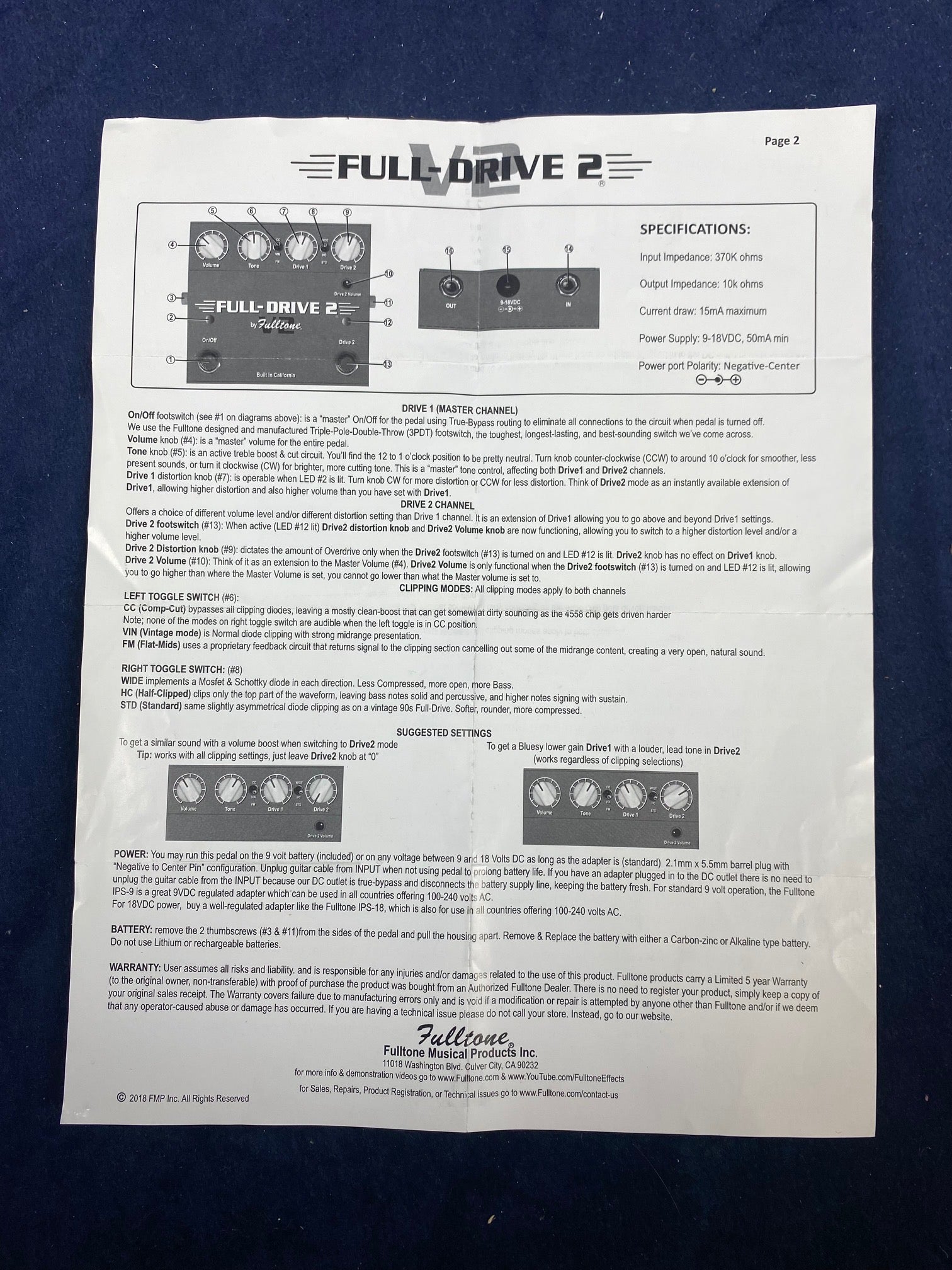Fulltone Full-Drive 2 FX pedal instructions detailing knob functions, toggle switches, channel options, power specs, warranty, and suggested settings.