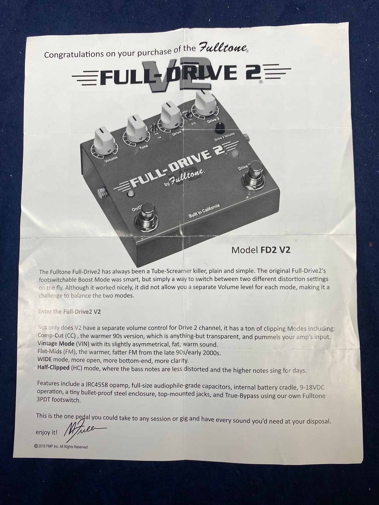 Fulltone Full-Drive 2 FX pedal manual with a picture of the pedal, featuring five control knobs and two footswitches. Model FD2 V2, details below.
