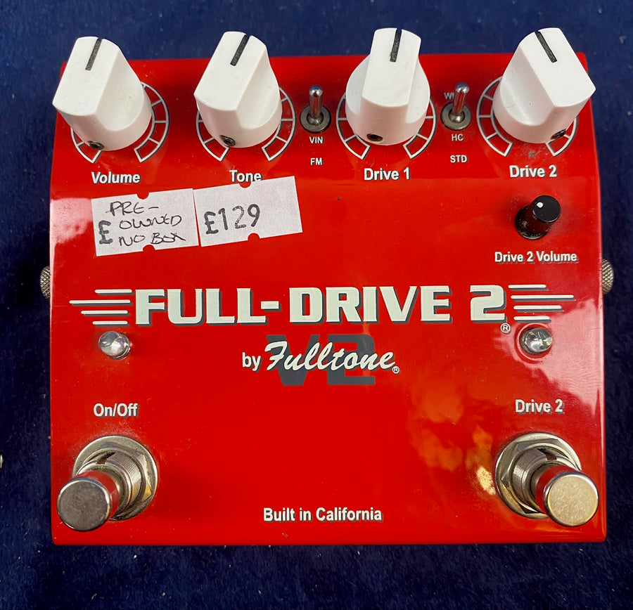 Red Fulltone Full-Drive 2 V2 guitar FX pedal with four white knobs, two footswitches, and a handwritten £129 pre-owned price sticker on top left.