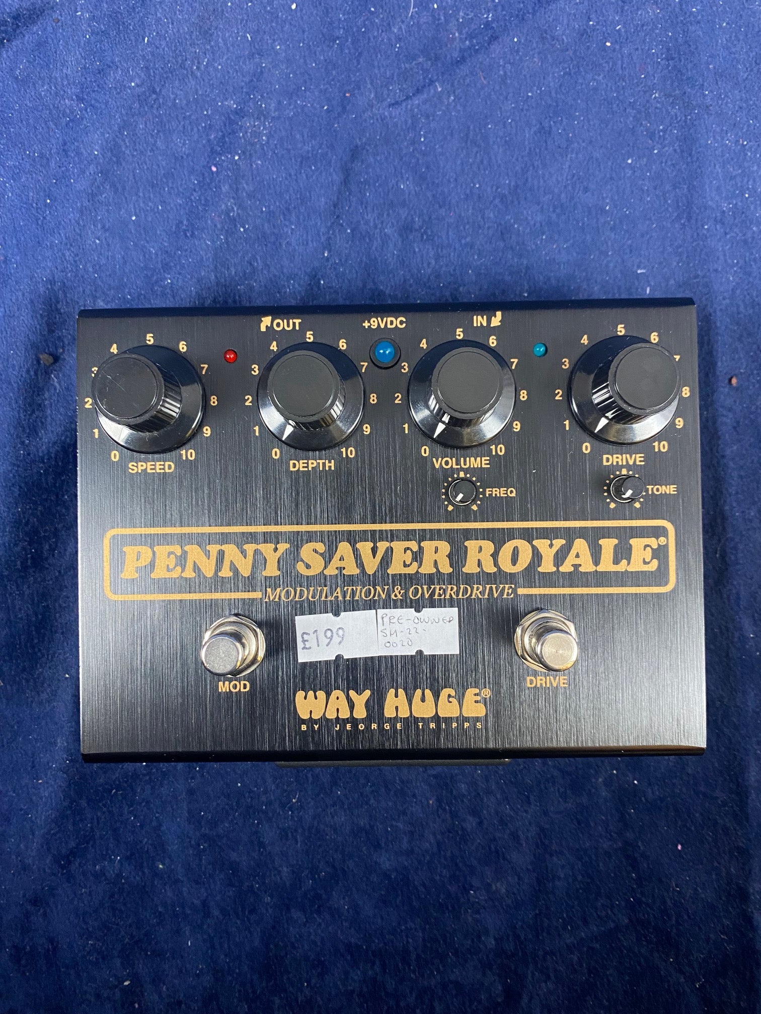 Way Huge Penny Saver Royale FX pedal features four control knobs, two footswitches, gold text on black, and a price label showing £199.