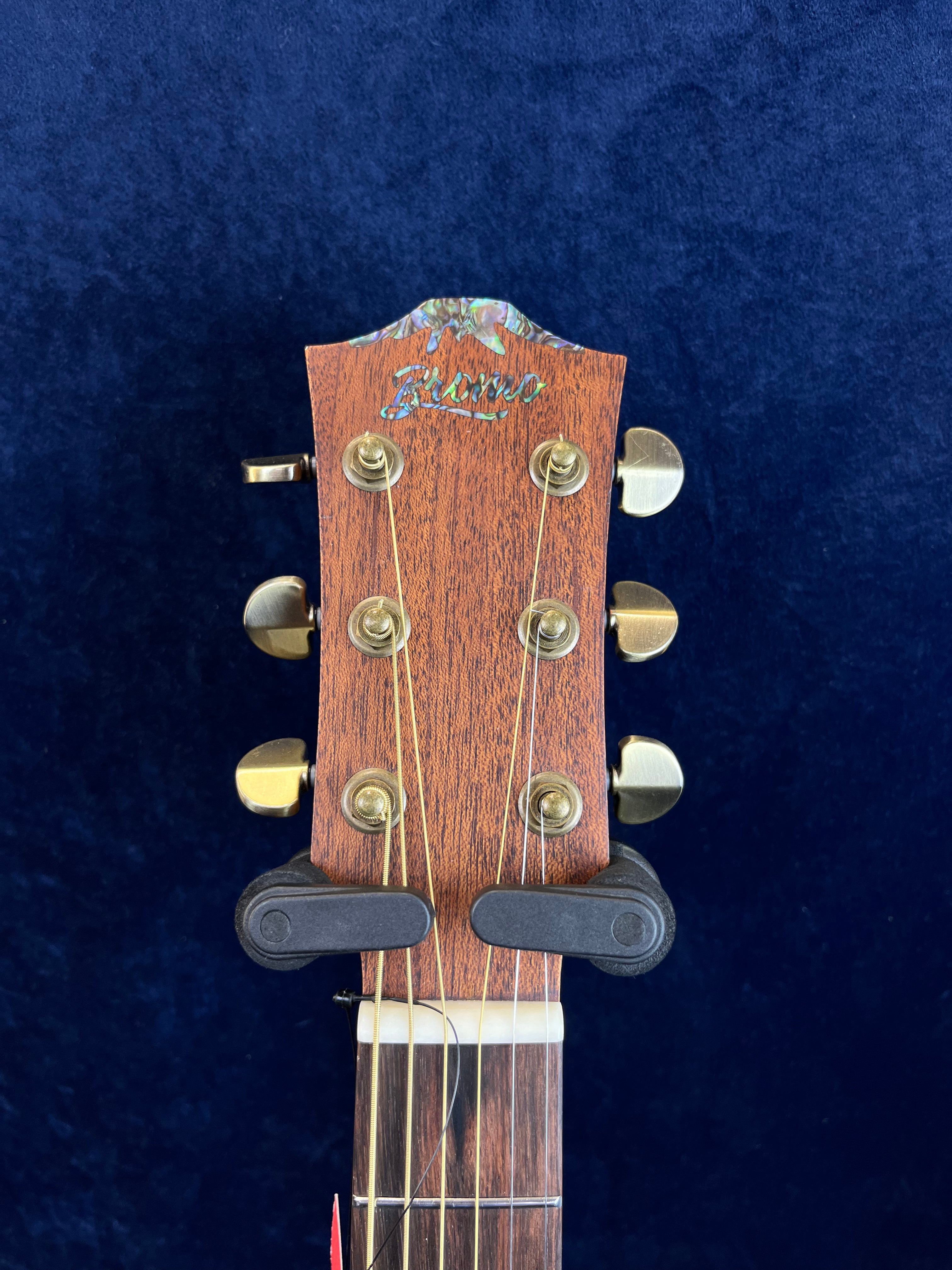 Acoustic guitar headstock with six gold tuning pegs, a wood finish, and the brand name "Ziricote" inlaid near the top.