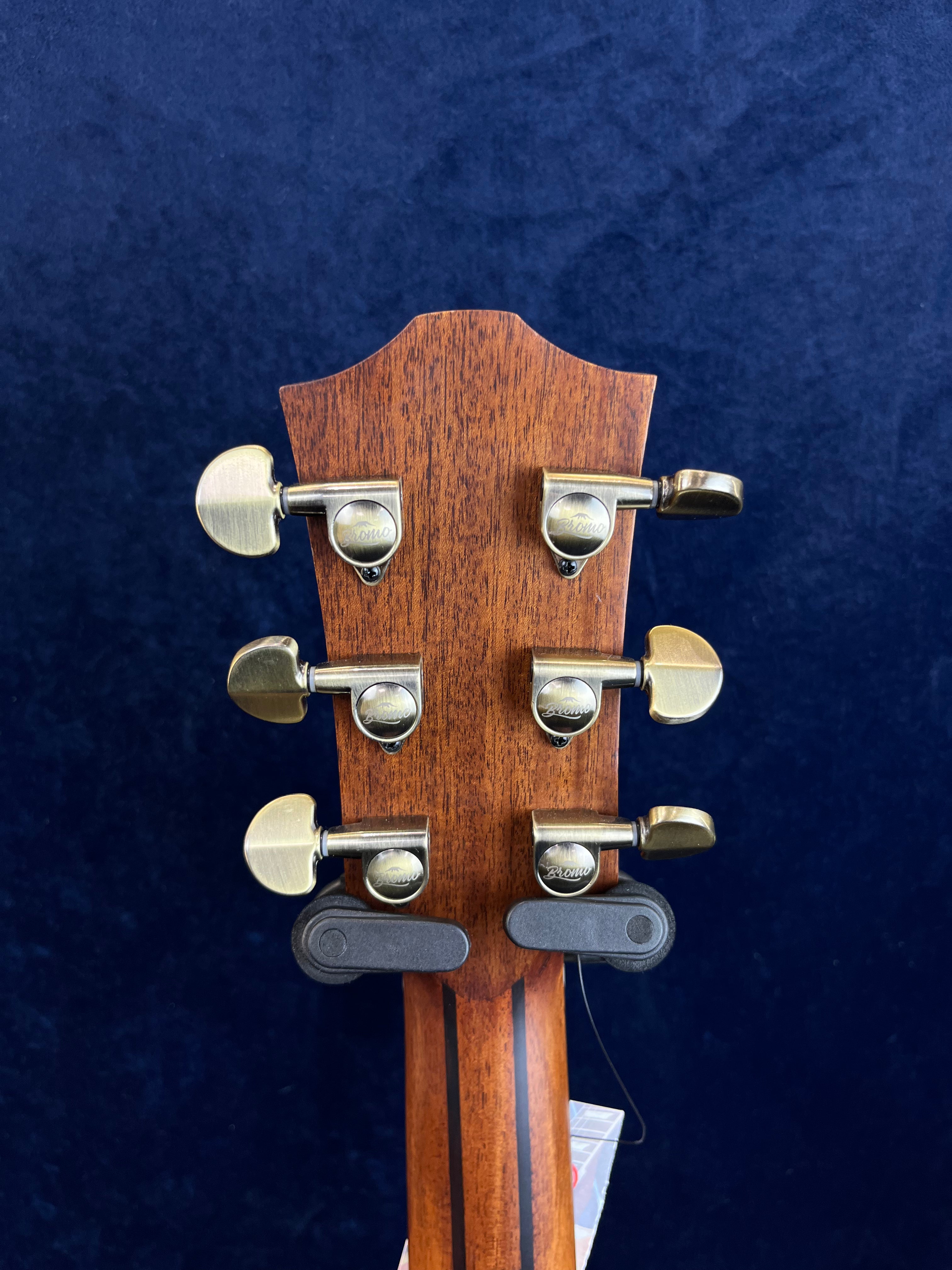 Six gold tuning pegs on the back of a wooden acoustic guitar headstock, with a dark stripe running down the center of the neck.