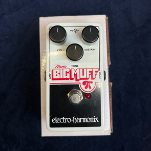 Electro-Harmonix Nano Big Muff FX pedal with three black knobs labeled Vol, Tone, Sustain, a footswitch, and a small red LED indicator.