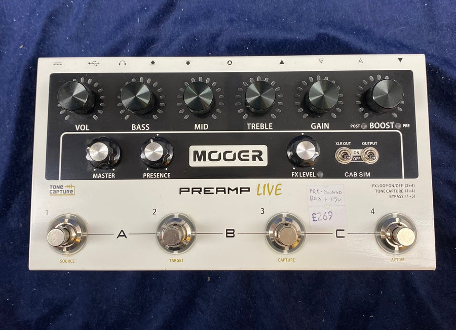 Mooer Preamp Live FX pedal with knobs for volume, bass, mid, treble, gain, boost, master, presence, FX level, four footswitches, and cab sim switches.