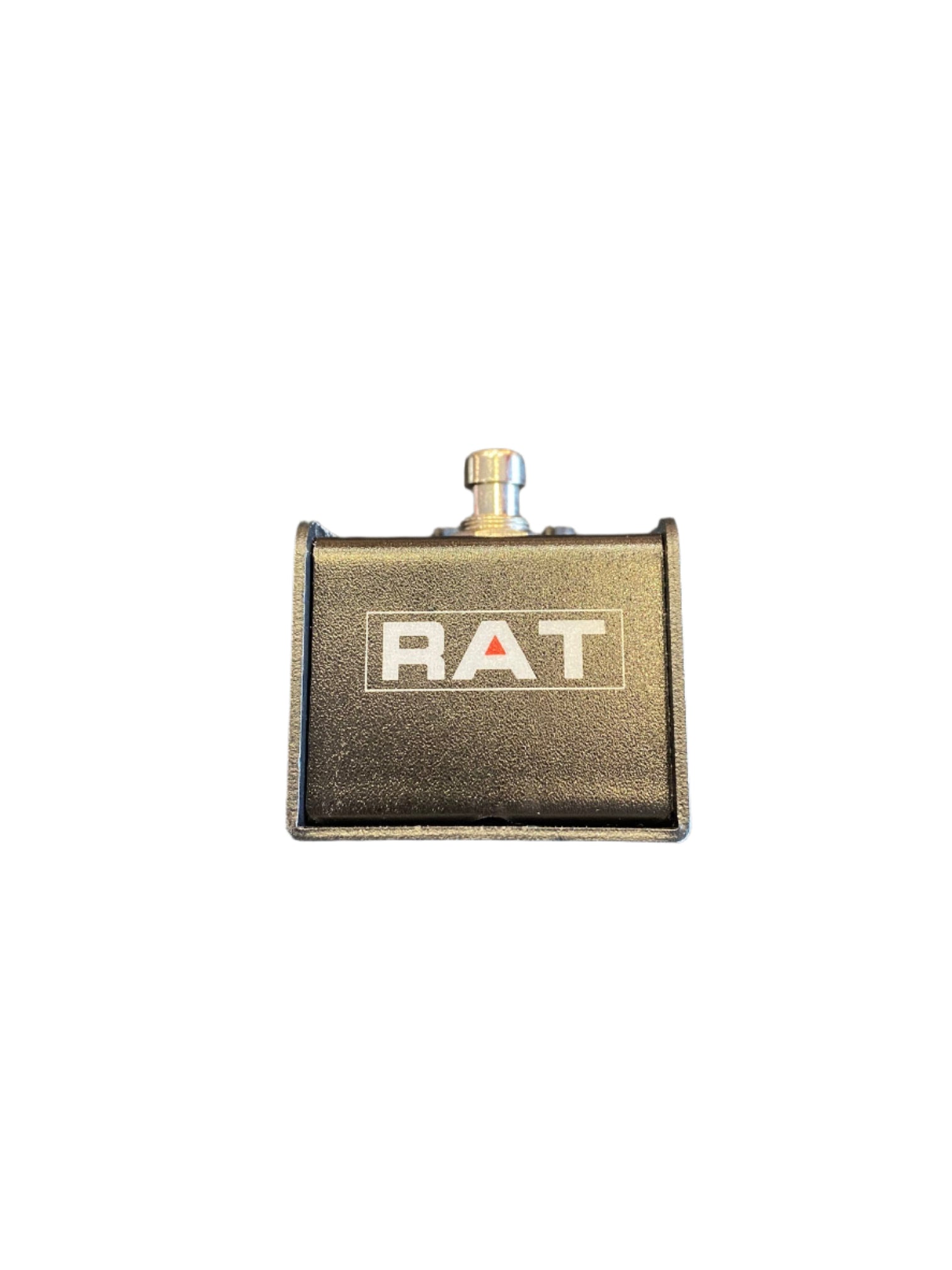 Black FX pedal with the word "RAT" in white and a red triangle on the front, featuring a single metal footswitch on top.